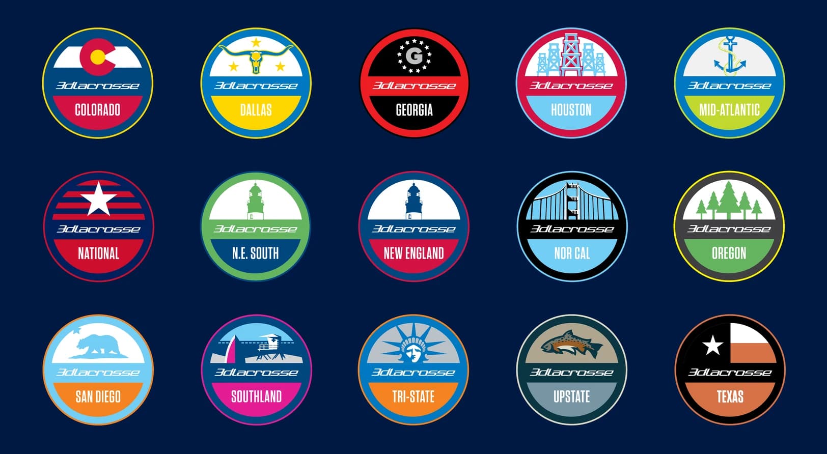 3d Lacrosse market roundel logo system: fifteen market logos sharing one structure