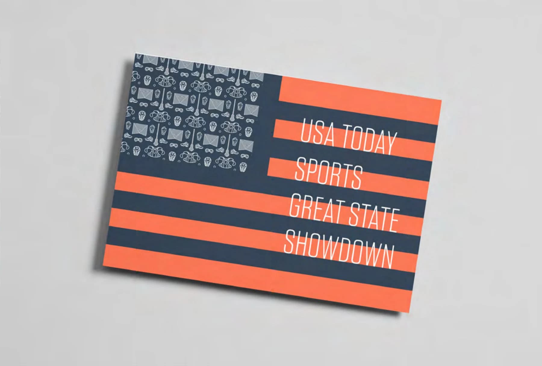 Great State Showdown postcard: an American flag with a hand-illustrated lacrosse gear icon pattern in place of the stars and USA TODAY Sports Great State Showdown in the stripes