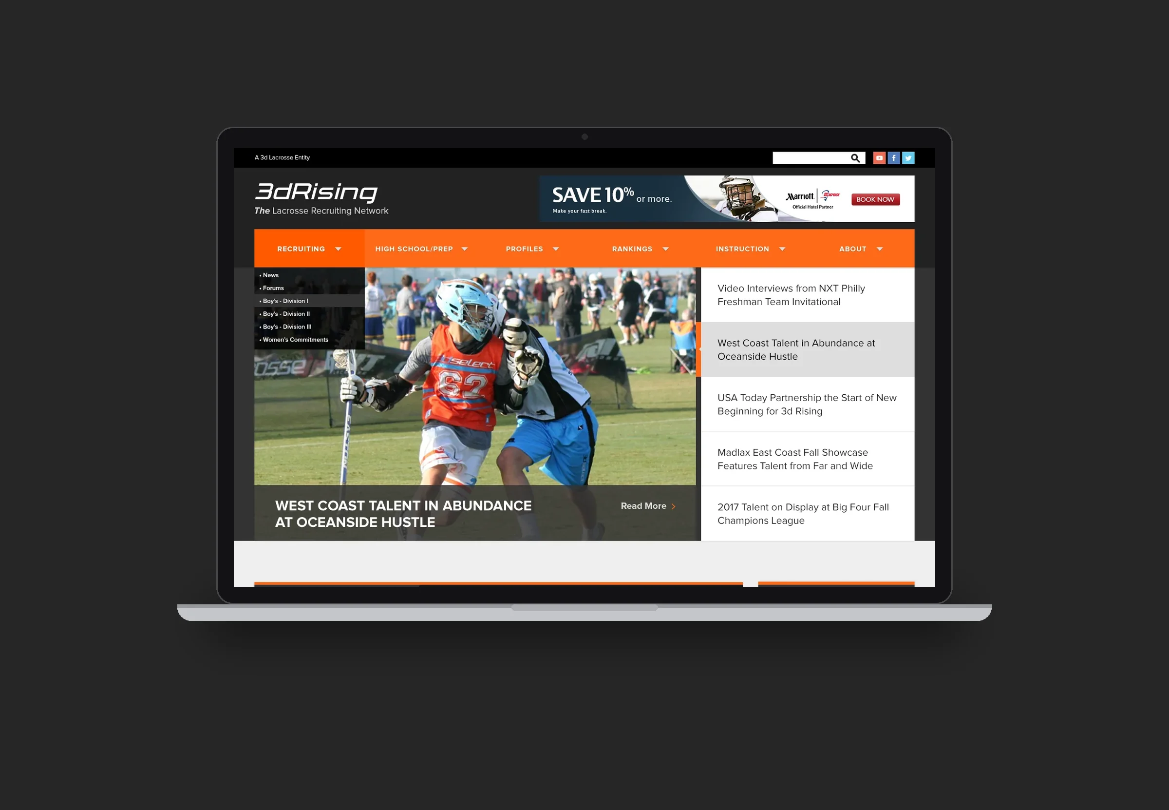 3d Rising homepage on a laptop: orange navigation, a lacrosse feature story and the recruiting news list