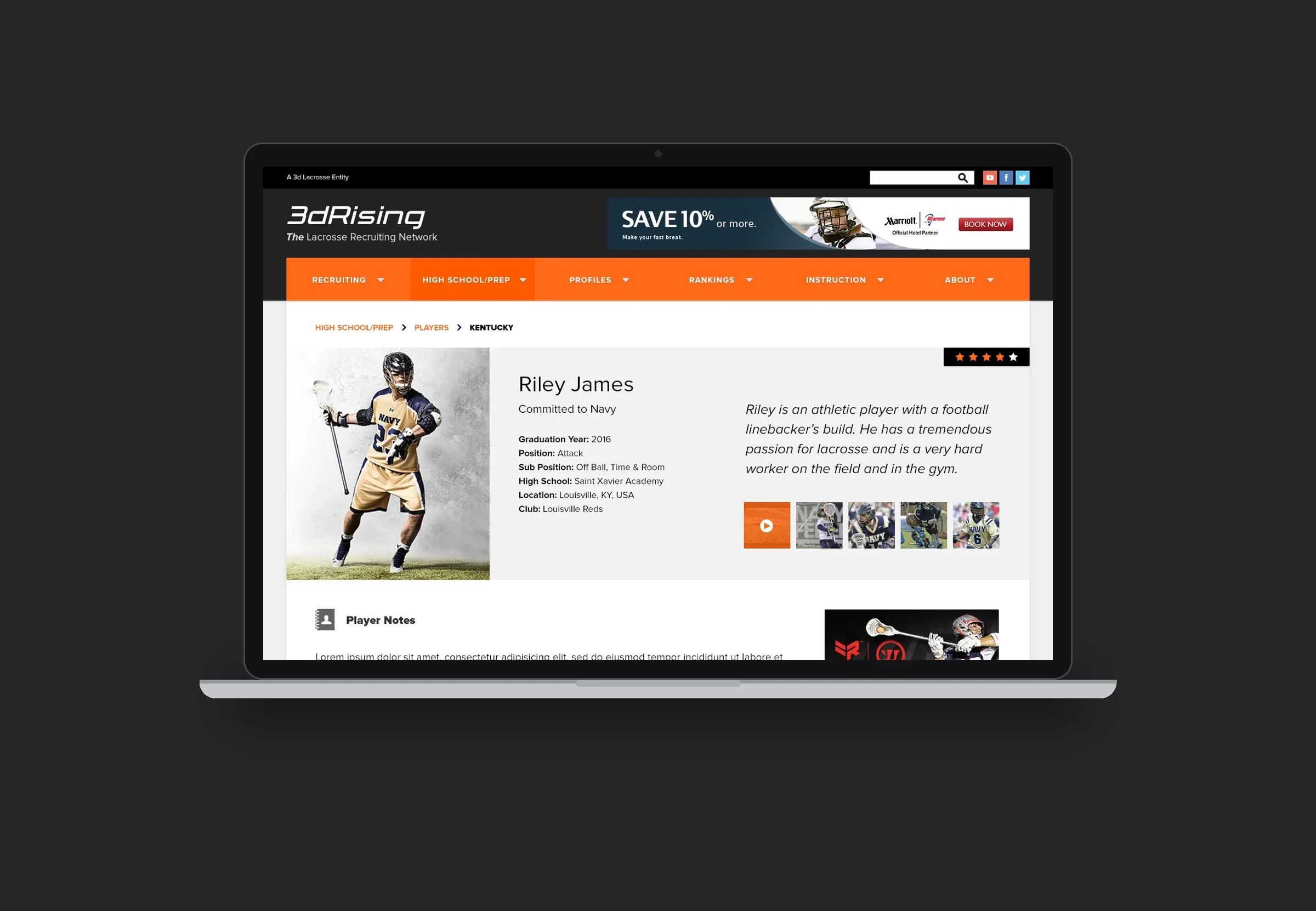 3d Rising player profile on a laptop: Riley James, committed to Navy, with stats and video