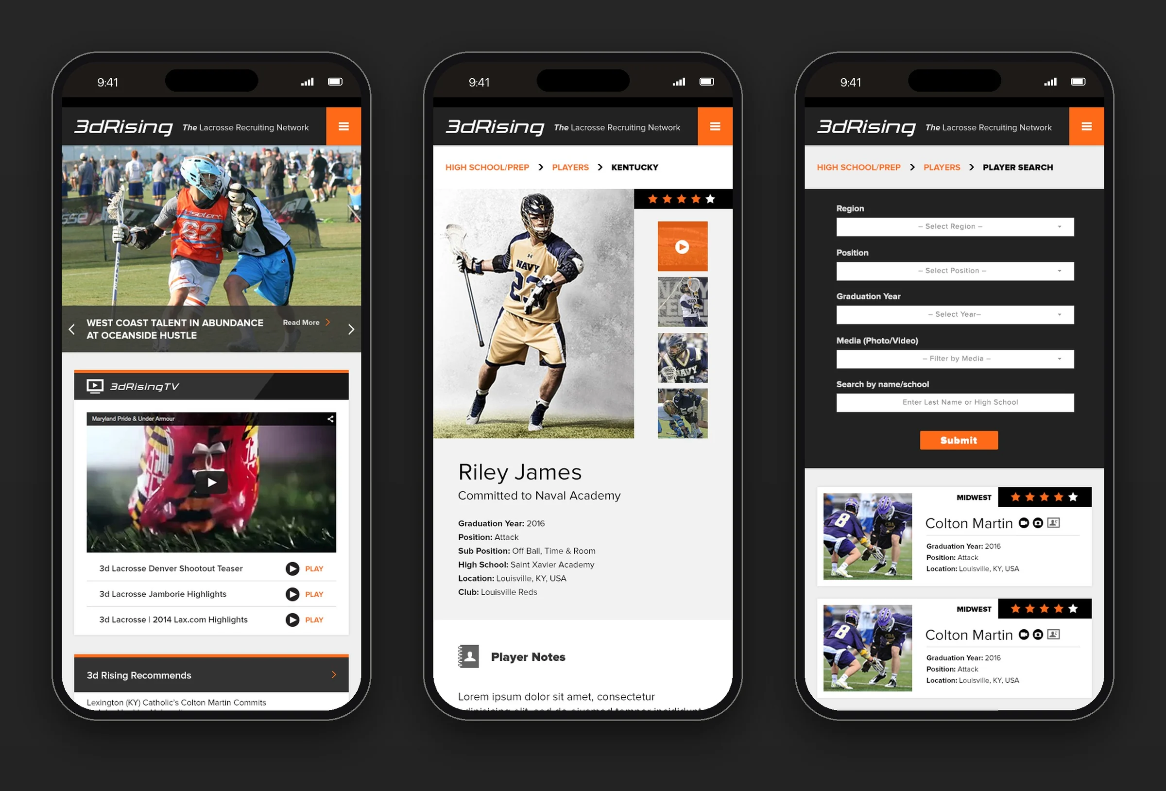Three phones showing the 3d Rising mobile homepage, a player profile for Riley James and the player search filters
