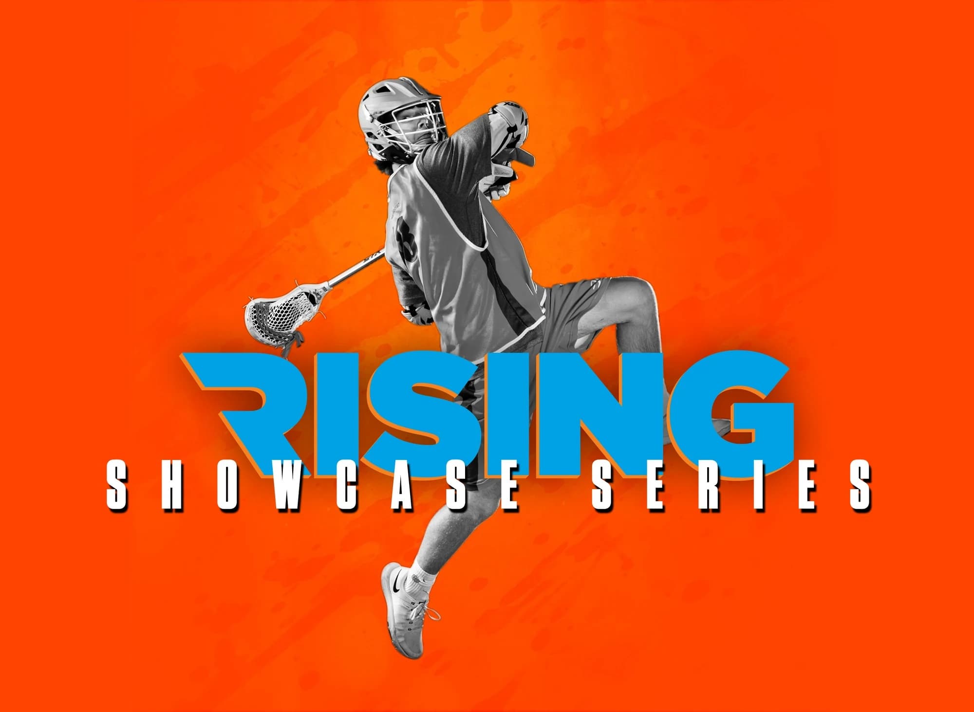 RISING Showcase Series graphic: a lacrosse player leaping over blue RISING lettering on an orange field