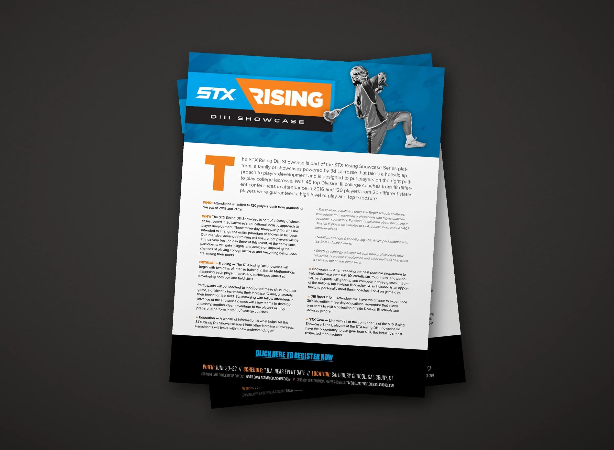 A stack of STX Rising DIII Showcase flyers on a dark desk