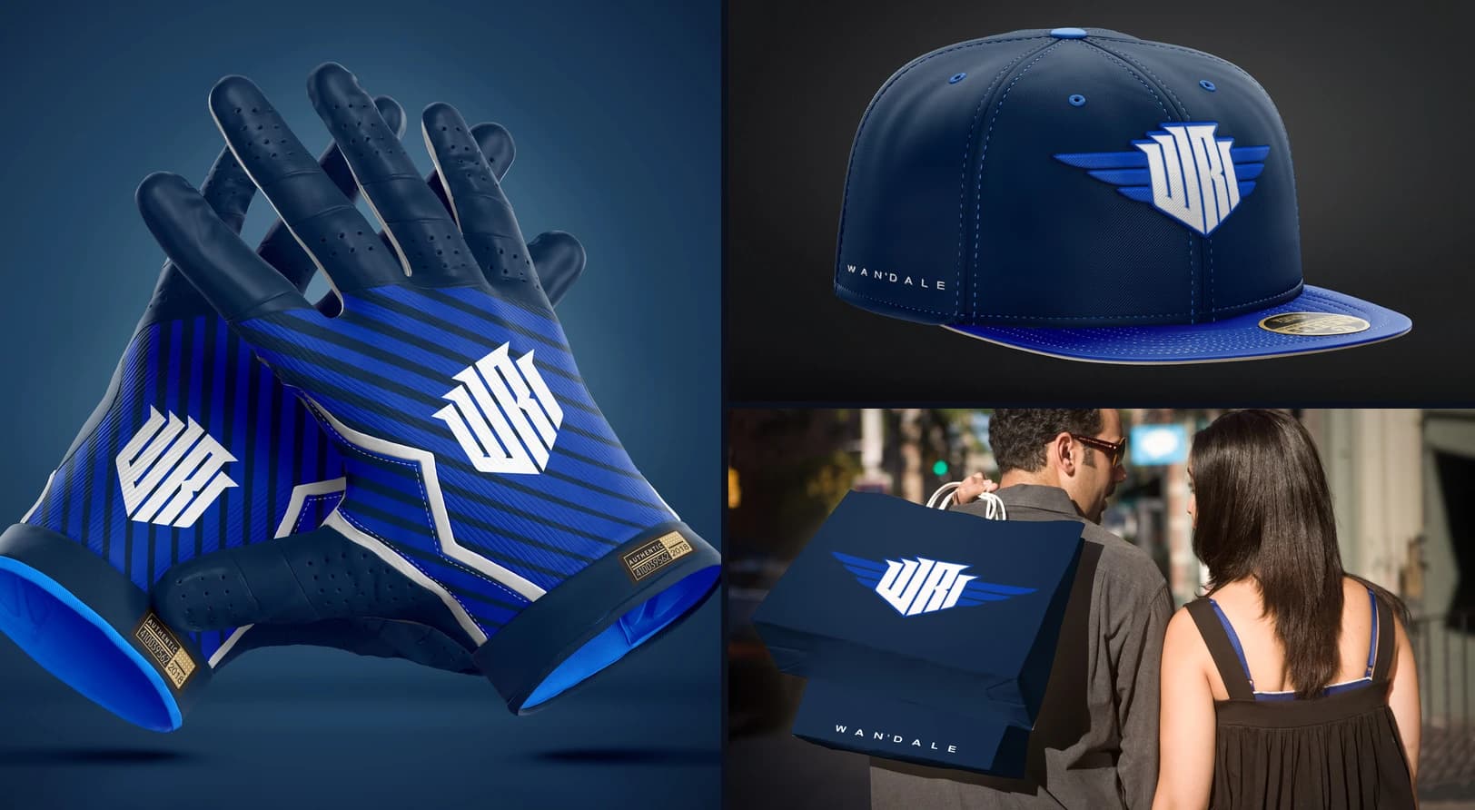 WR marks on receiver gloves, a fitted cap, and a shopping bag