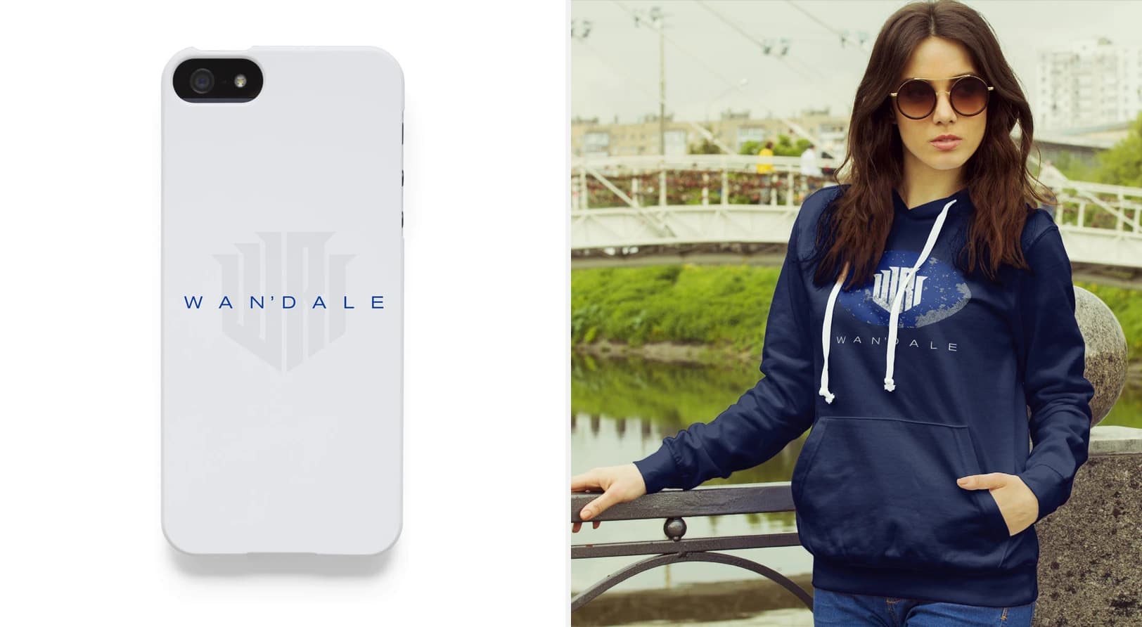 Tonal WAN'DALE marks on a phone case and a navy hoodie