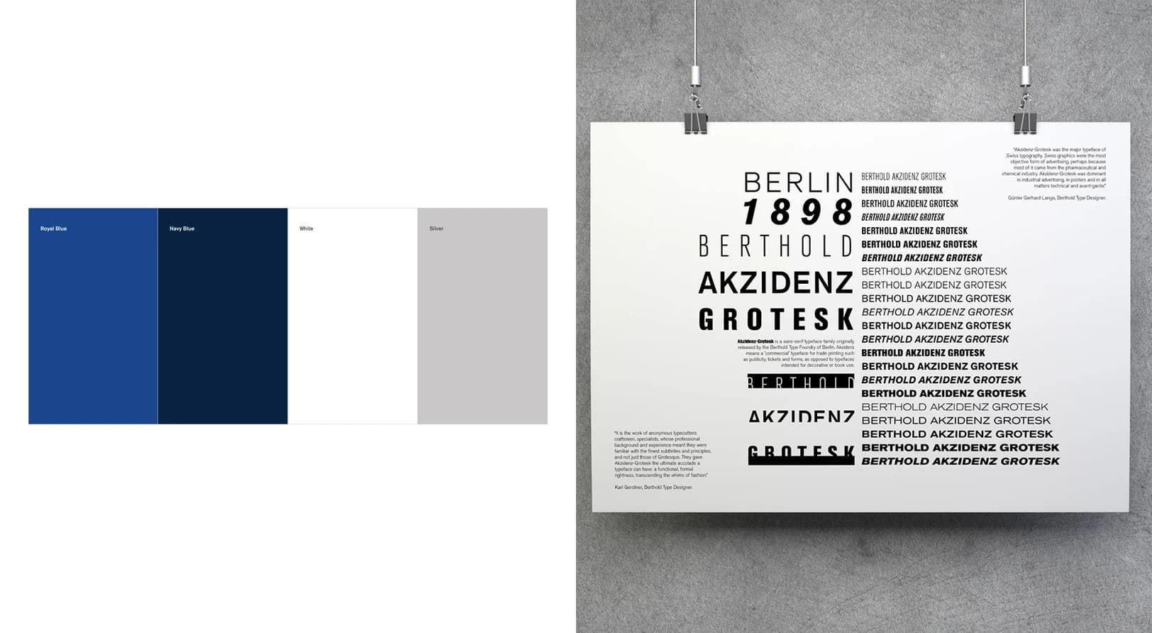 Royal blue, navy, white, and silver palette with an Akzidenz Grotesk type poster