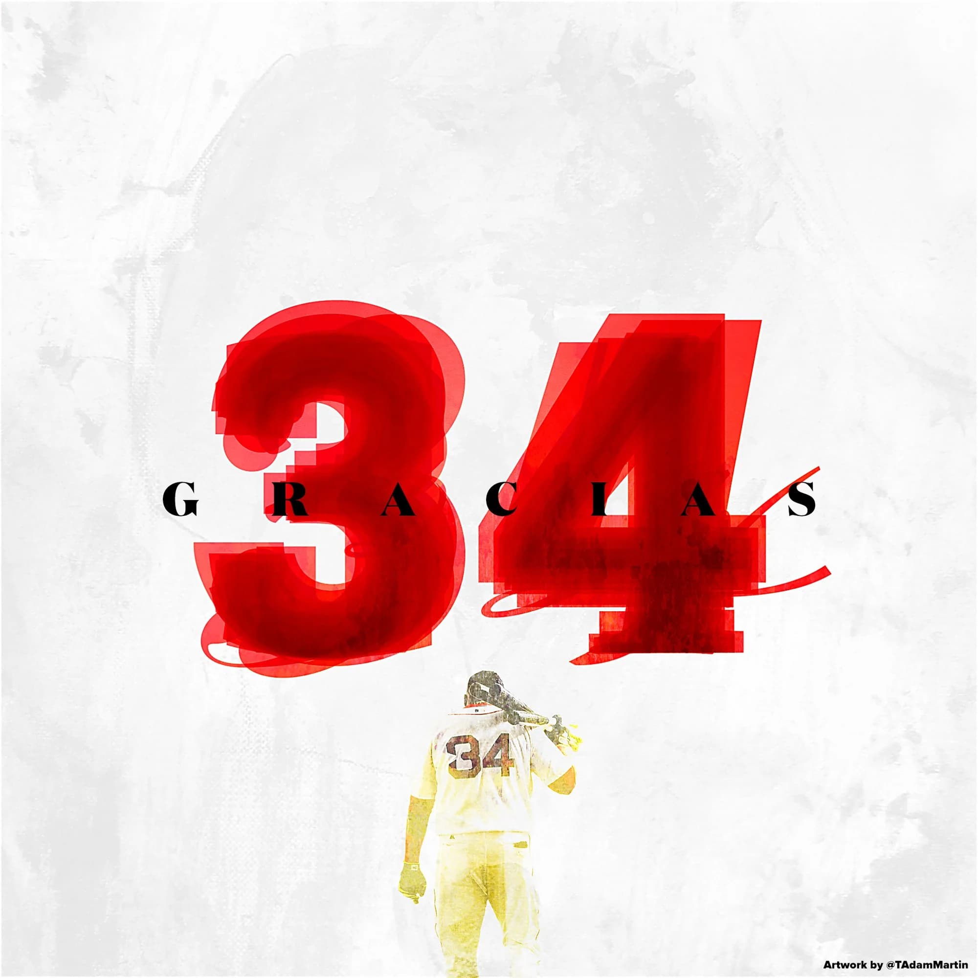 Gracias 34: a red 34 built from layered numerals, Ortiz walking away below
