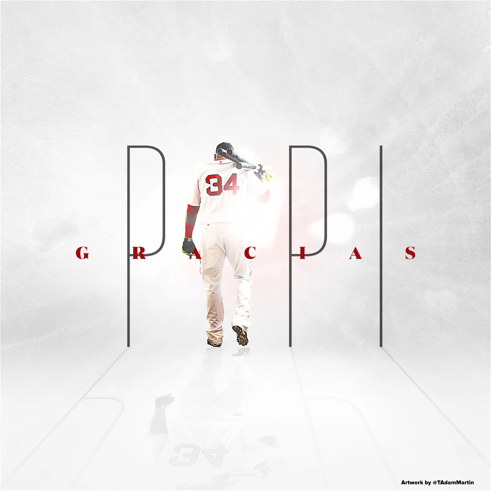 Gracias Papi: Ortiz walking away, bat on his shoulder, framed by tall thin PAPI letters