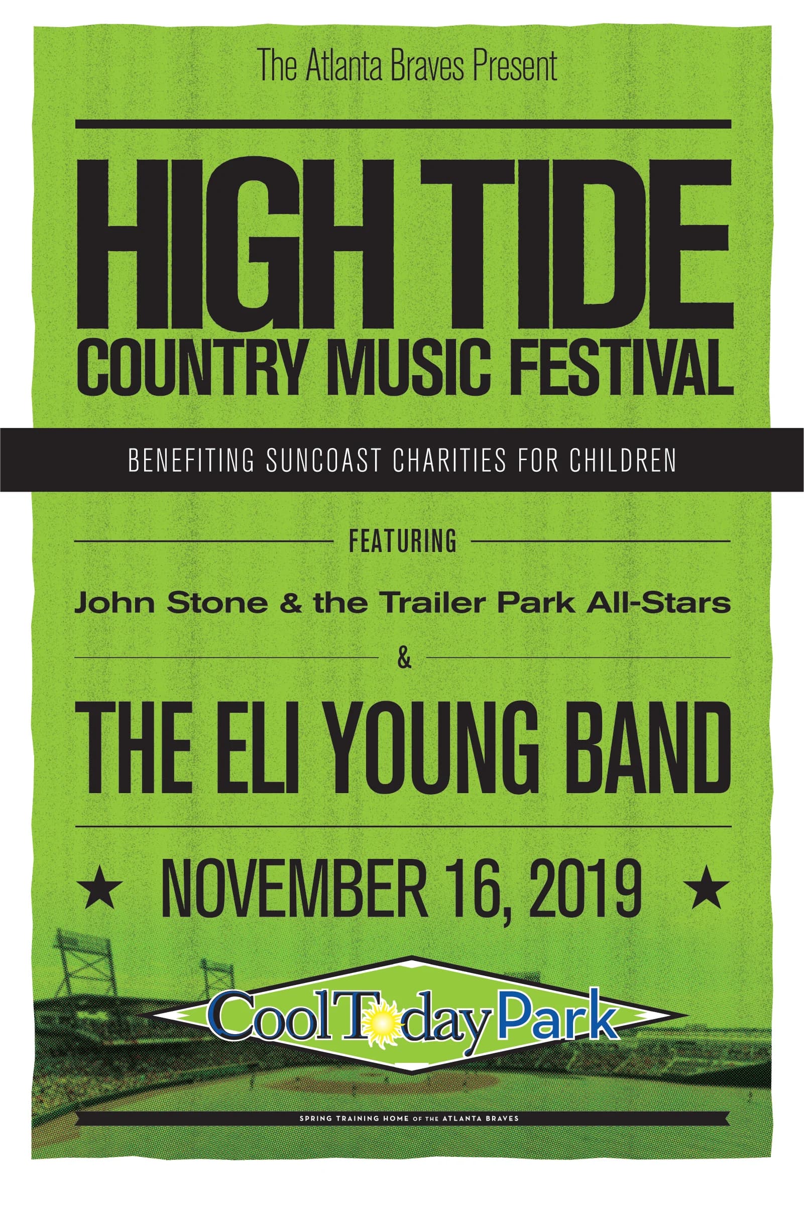 High Tide Country Music Festival poster on acid green: condensed type, the Eli Young Band, CoolToday Park