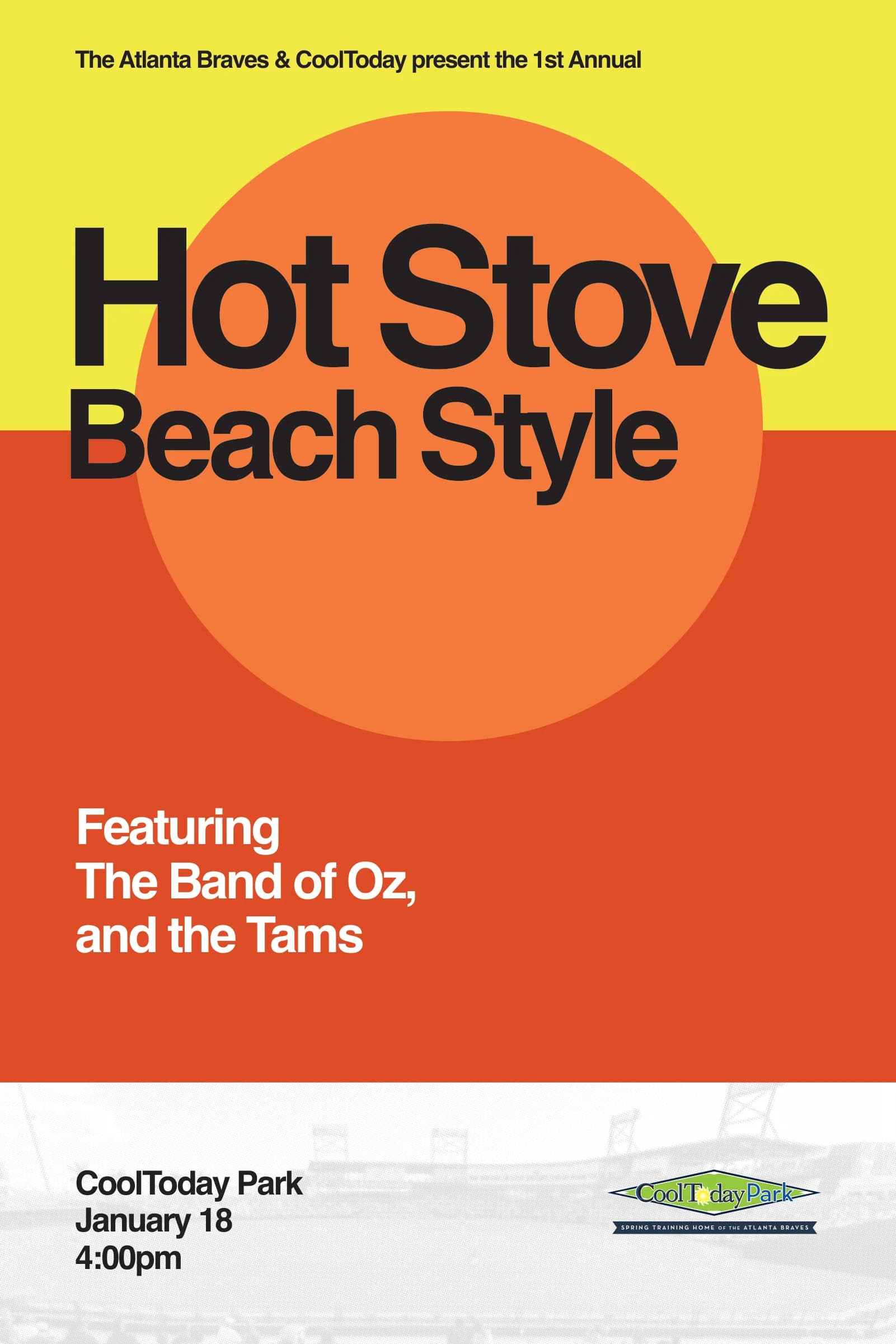 Hot Stove Beach Style poster: an orange sun over red and yellow bands, featuring the Band of Oz and the Tams