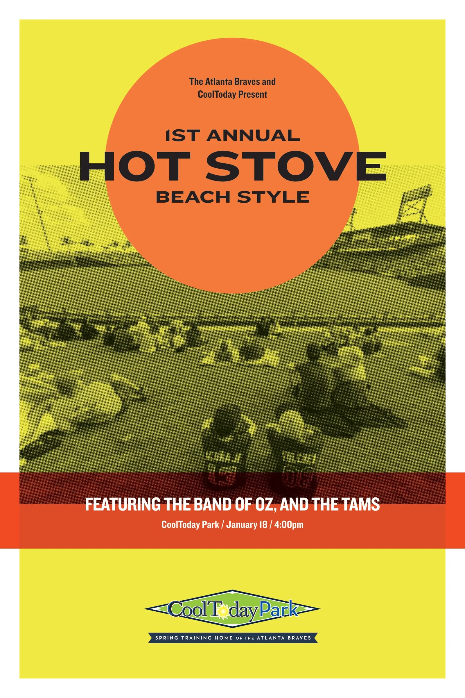 Alternate Hot Stove poster: the orange sun over a yellow-tinted photo of fans on the outfield lawn