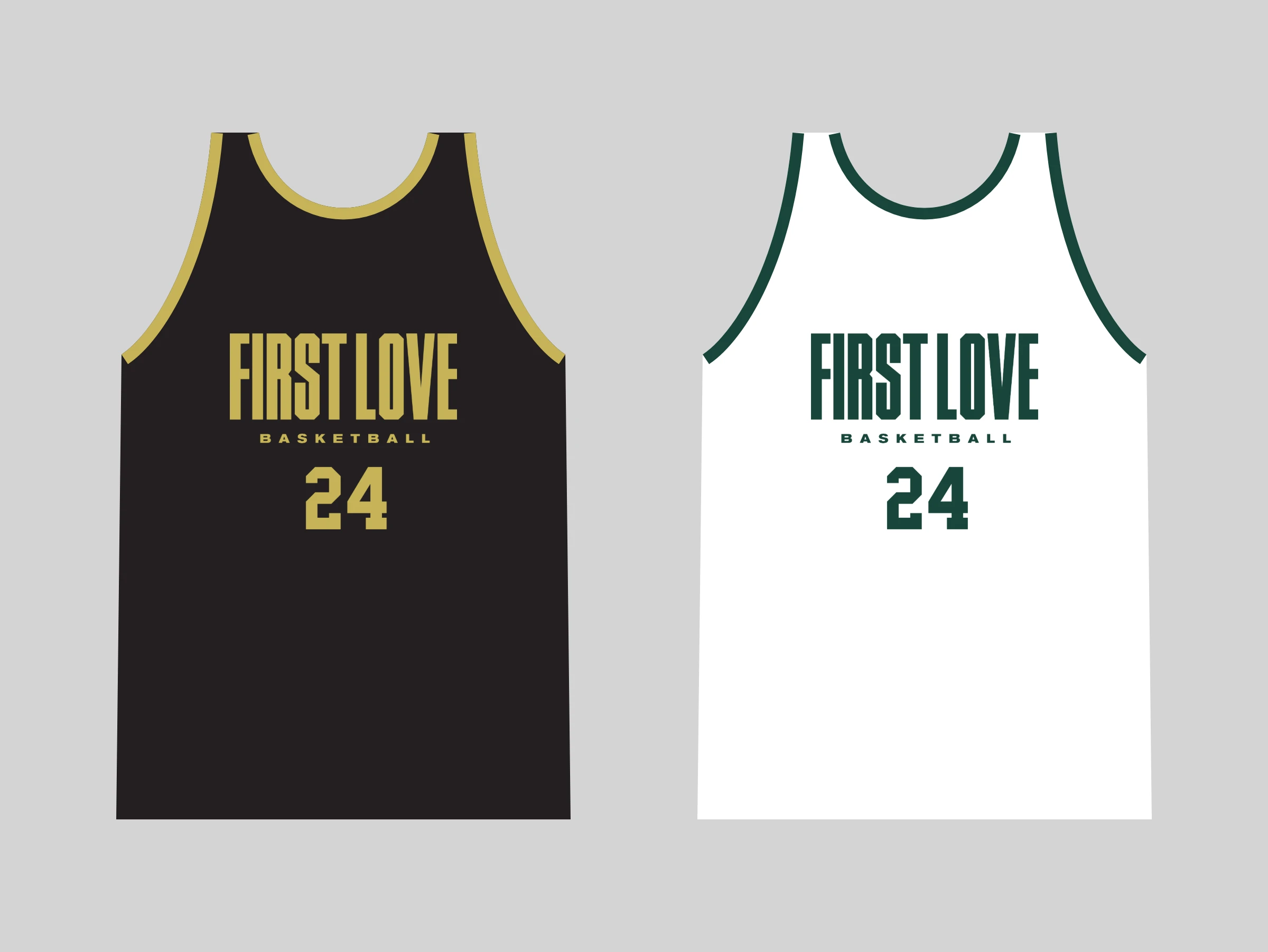 First Love practice jerseys, flat: FIRST LOVE Basketball 24 in gold on black and in green on white