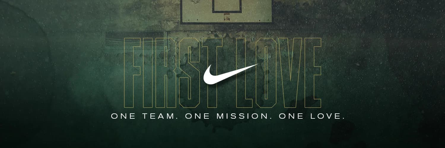 First Love Twitter header with the Nike swoosh over a dark gym