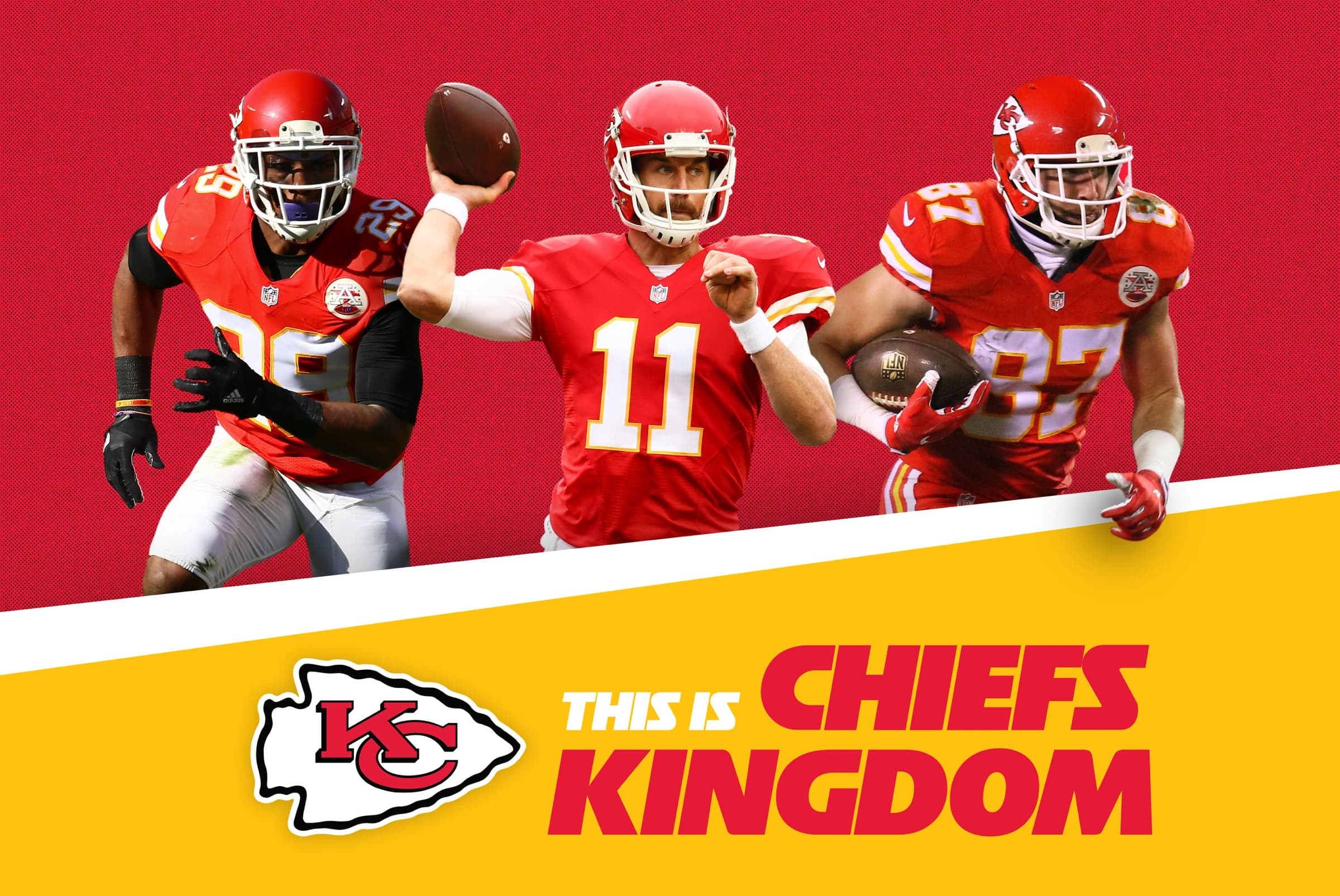 Chiefs Kids Club flag design: Eric Berry, Alex Smith and Travis Kelce over a gold This Is Chiefs Kingdom band with the arrowhead