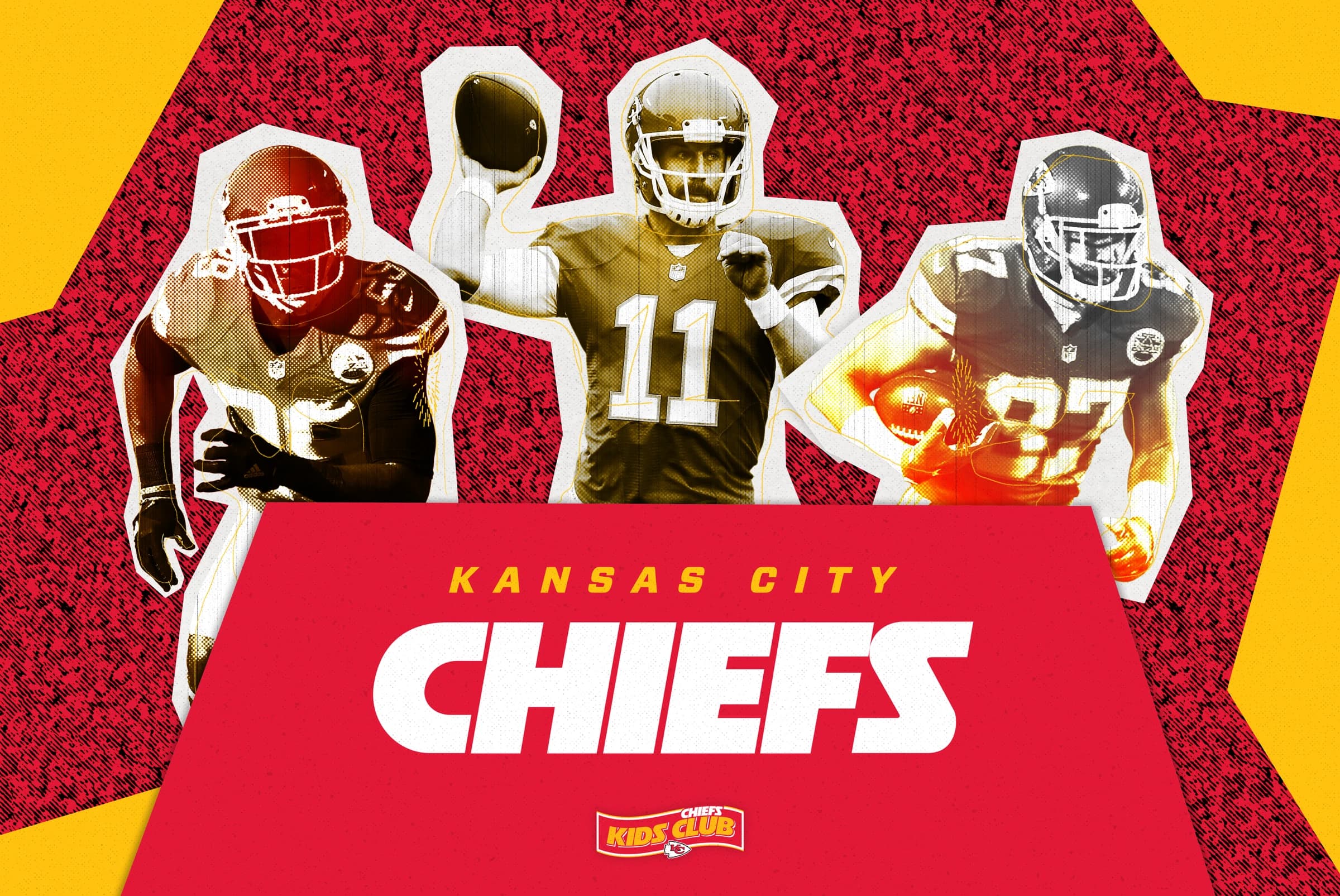 Chiefs Kids Club flag design: collage cutouts of Berry, Smith and Kelce on red static with the Kansas City Chiefs wordmark and Kids Club badge