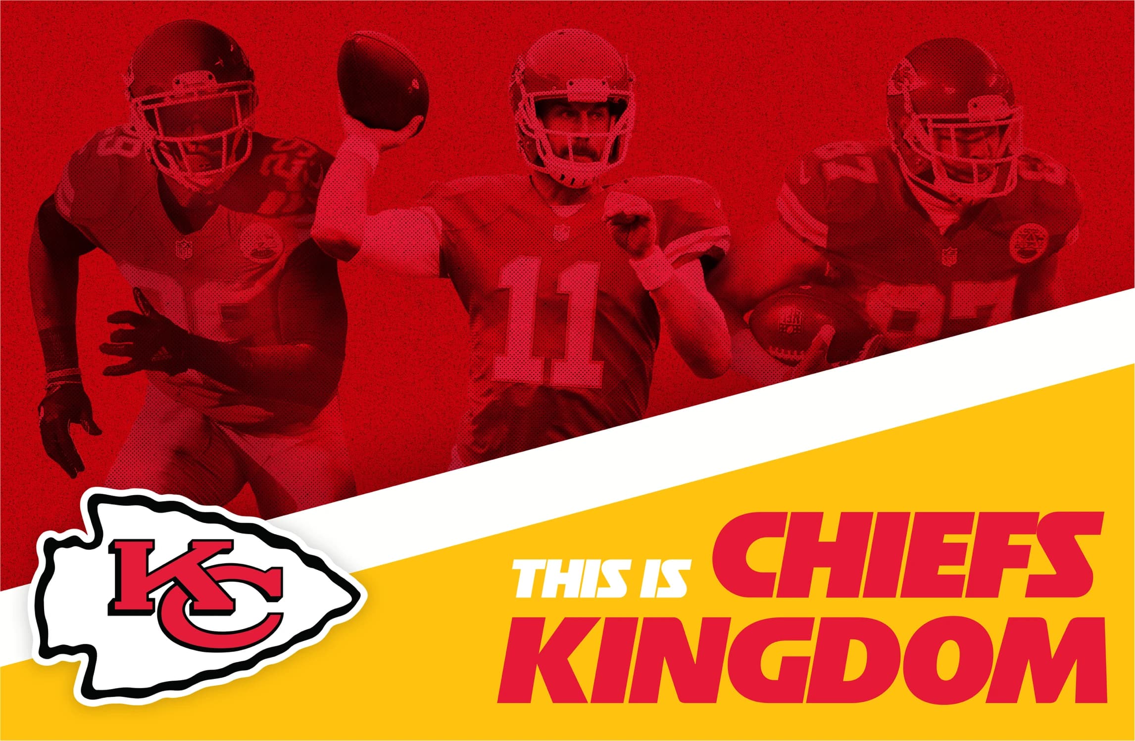 Chiefs Kids Club flag design: Berry, Smith and Kelce in red duotone above a gold This Is Chiefs Kingdom band