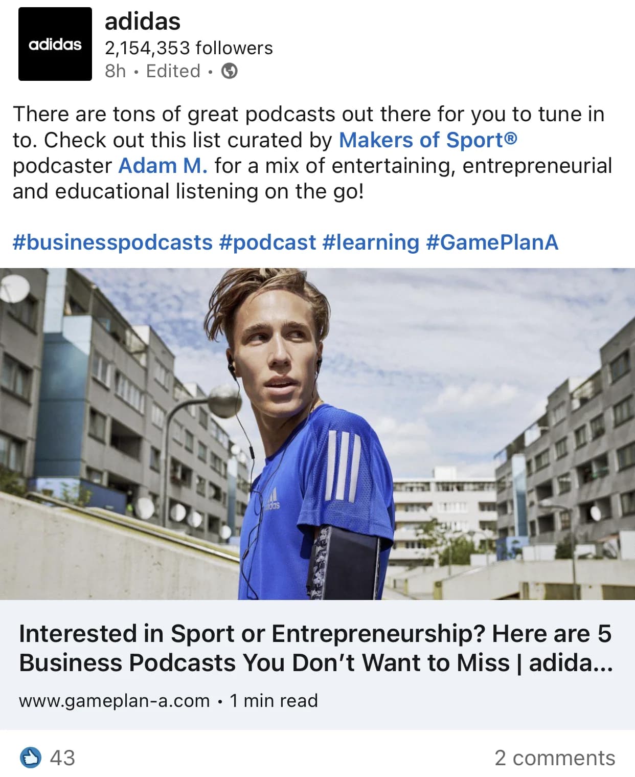 adidas LinkedIn post sharing a list of five business podcasts curated by Makers of Sport podcaster Adam M. on adidas GamePlan A