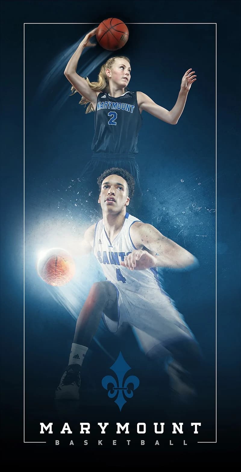 Marymount Basketball vertical banner: a shooter above and a driver below the fleur-de-lis