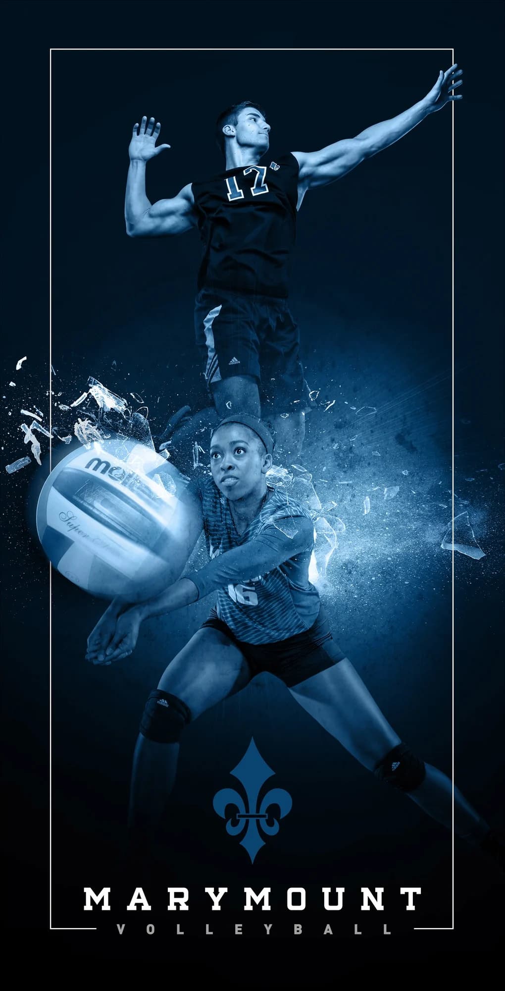 Marymount Volleyball vertical banner: a hitter above and a digger below