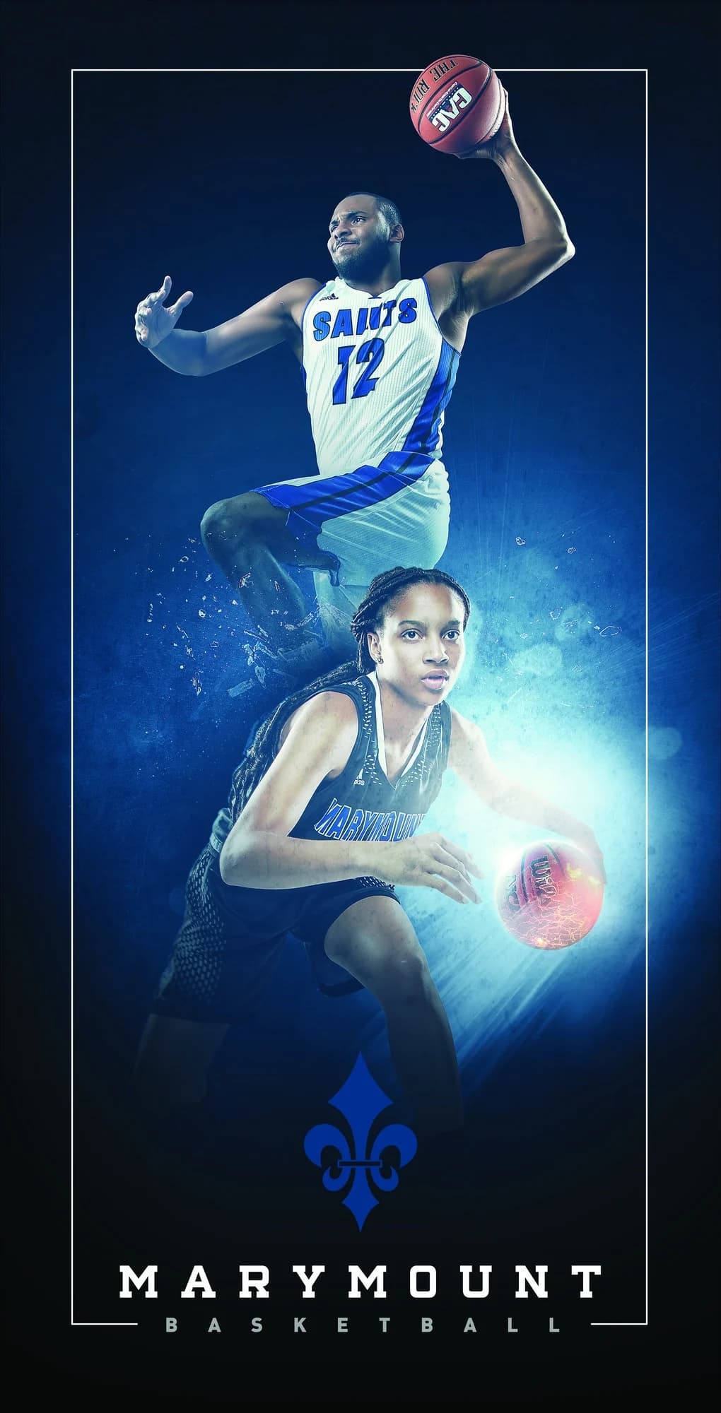 Marymount Basketball vertical banner: a dunker above and a guard below