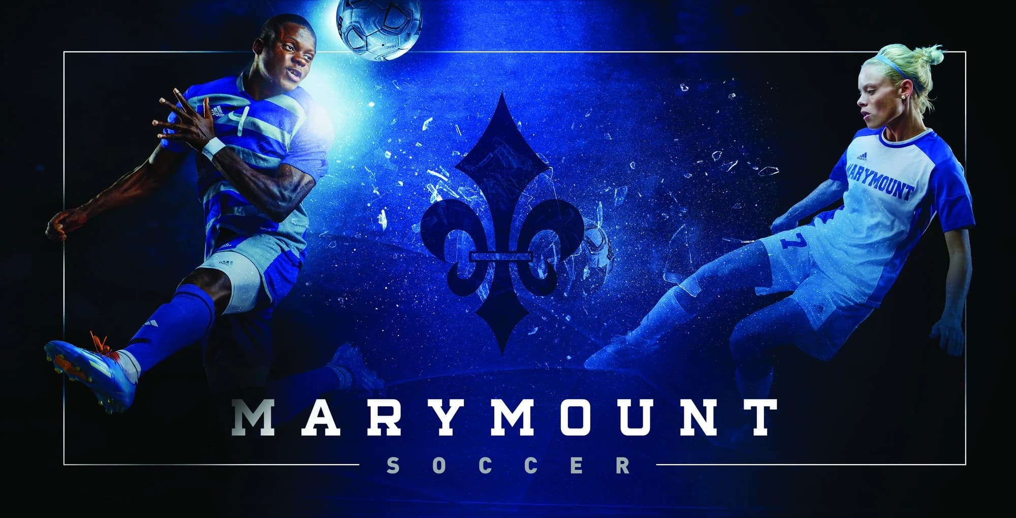 Marymount Soccer banner: two players mid-kick flanking a shattered fleur-de-lis on deep blue