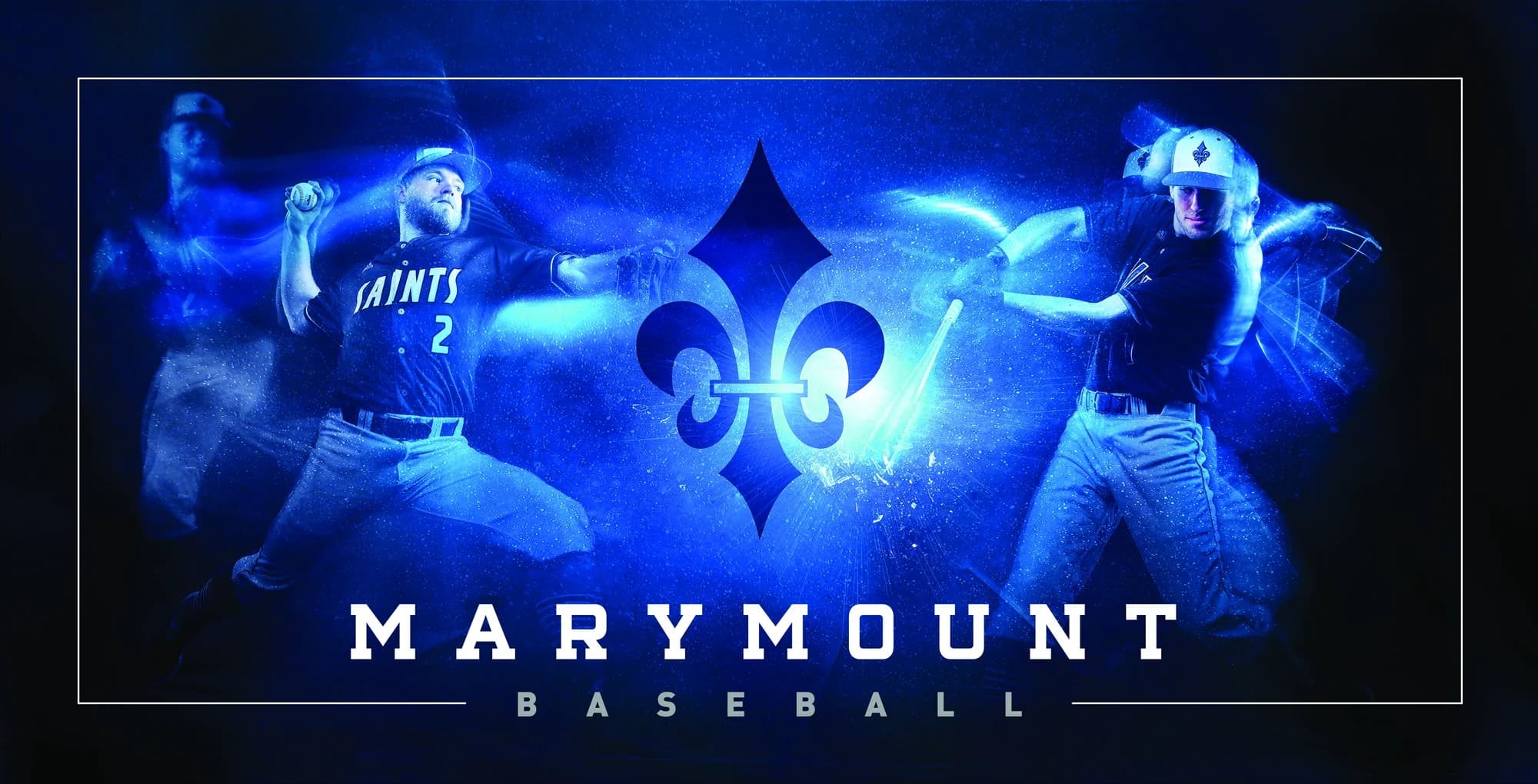 Marymount Baseball banner: a batter and a pitcher flanking the fleur-de-lis
