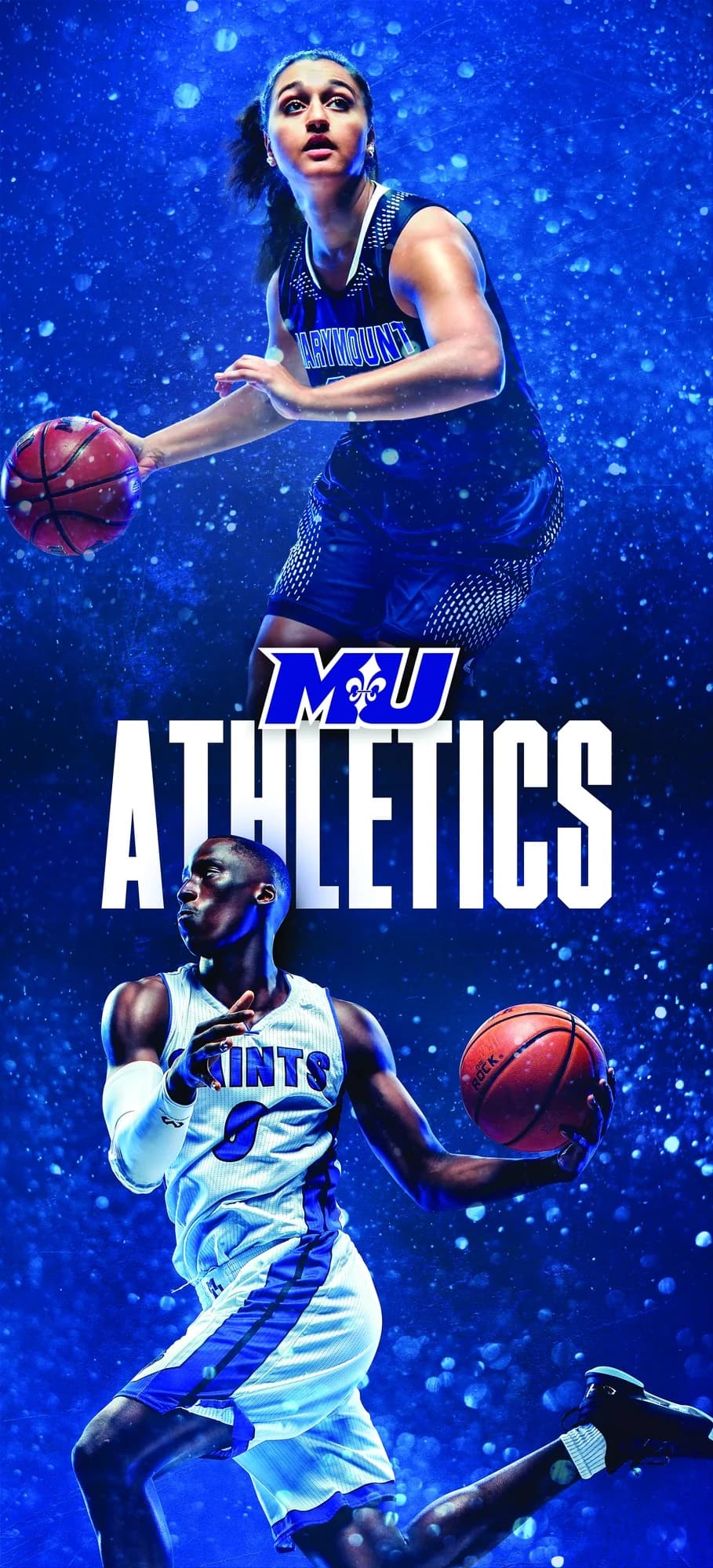 MU Athletics vertical banner: a guard above and a slasher below the wordmark, on snowing blue