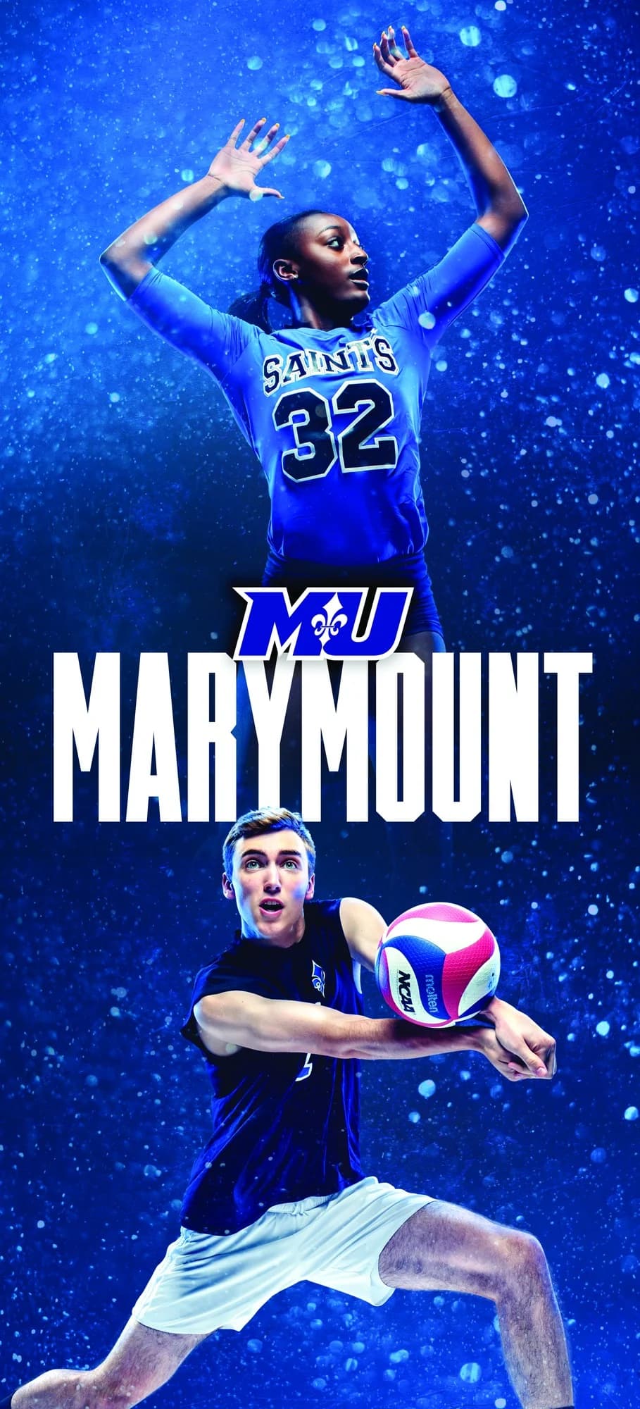 Marymount vertical banner: a volleyball server above the wordmark, a digger below