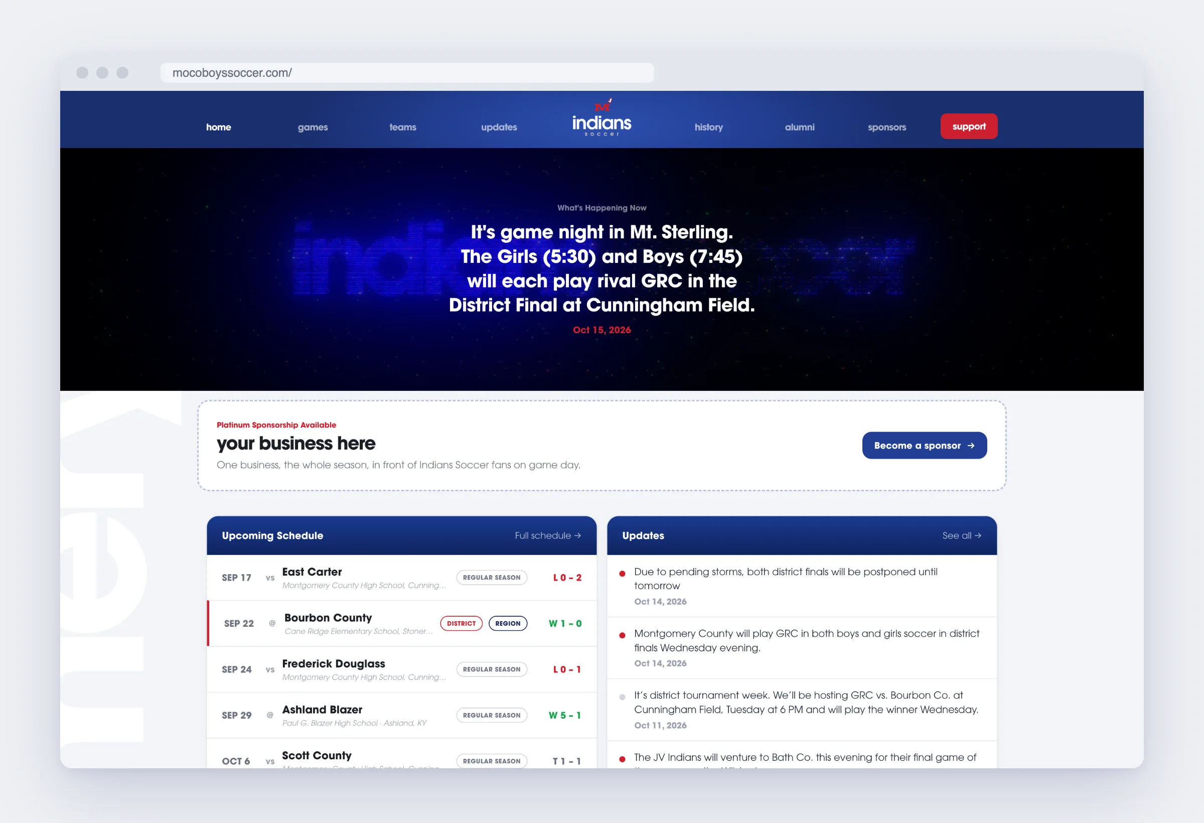 mocoboyssoccer.com homepage in a browser: game-night announcement, upcoming schedule and updates