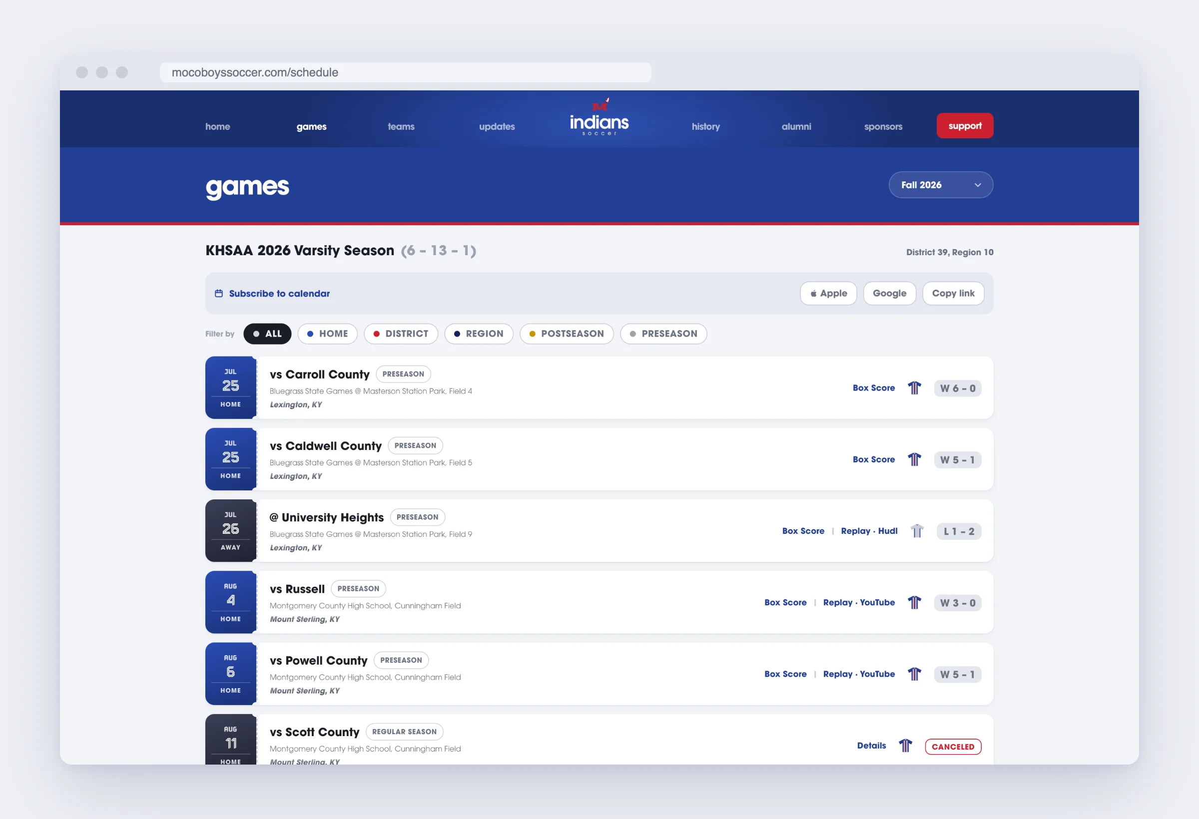 The games page with calendar subscribe links, filters and box scores