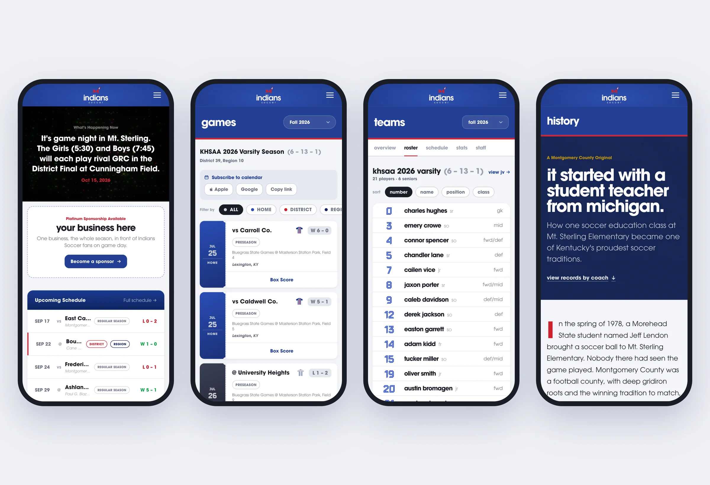 Four phones showing the homepage, games, the varsity roster and history on mobile