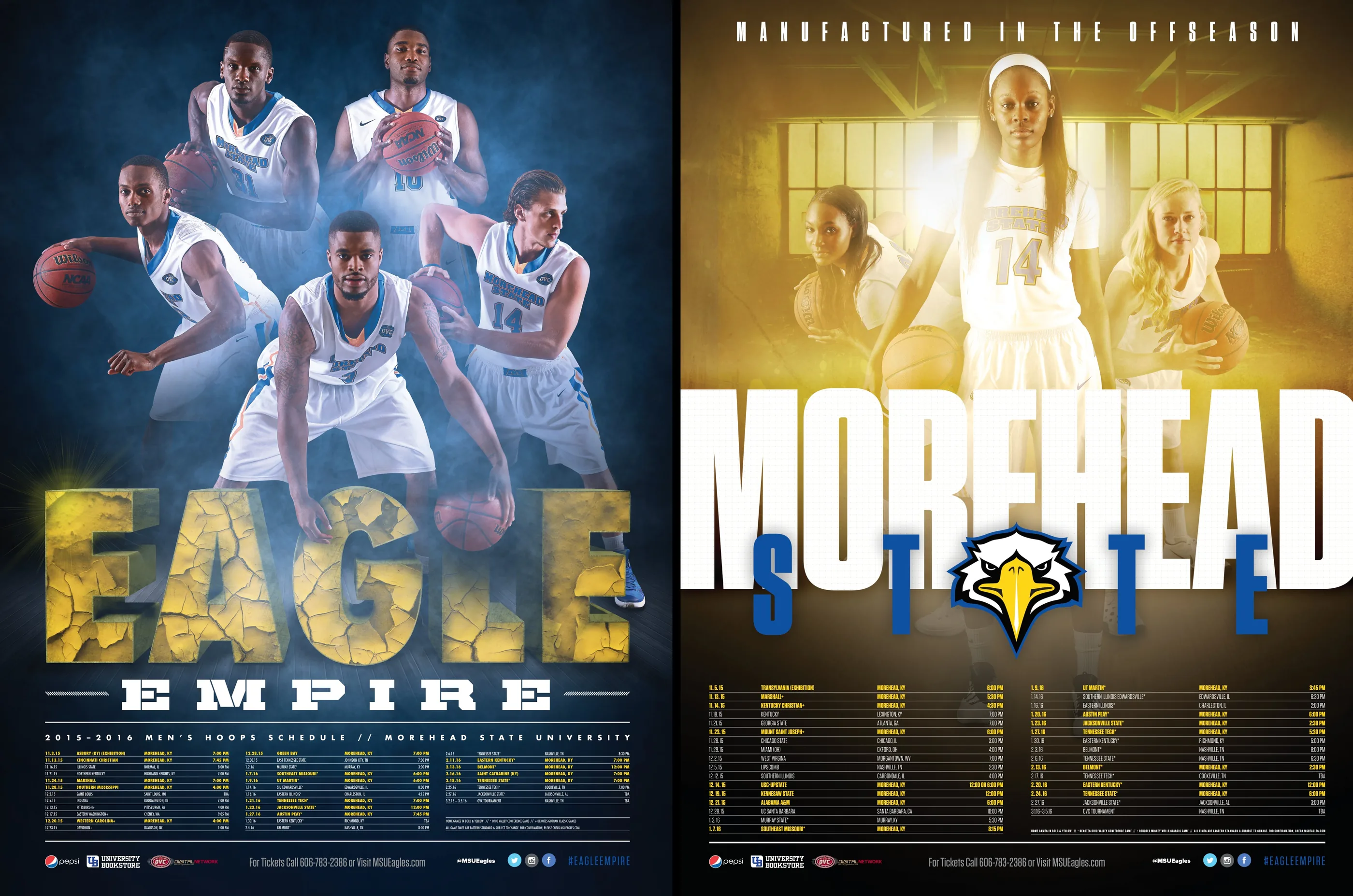 Both Morehead State basketball schedule posters side by side: Eagle Empire for the men, Manufactured in the Offseason for the women