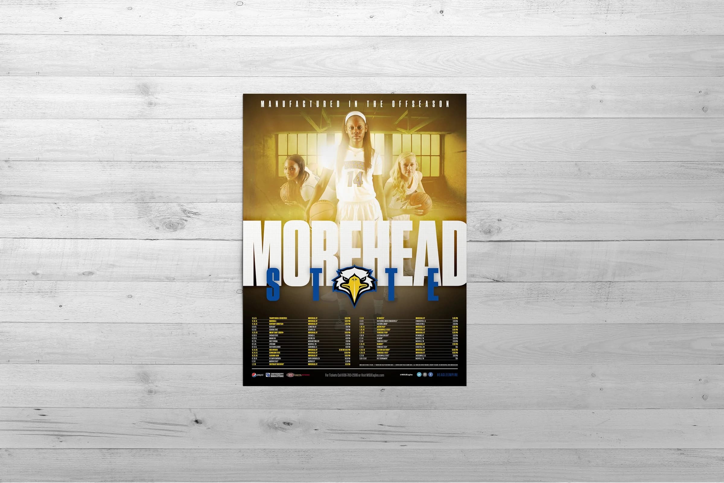 The Manufactured in the Offseason women’s basketball poster on a whitewashed wood wall