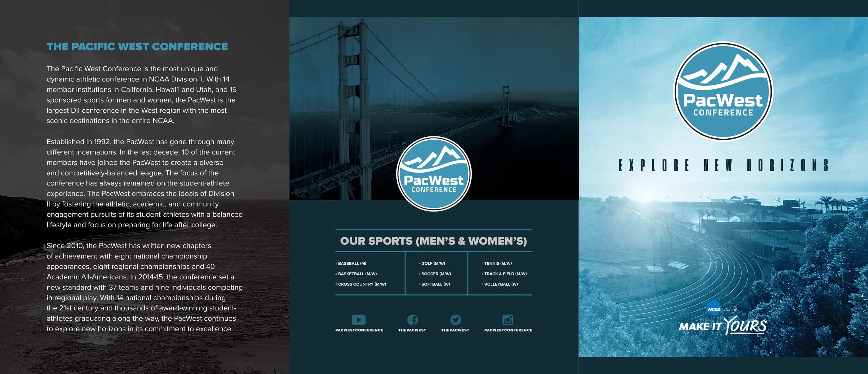 PacWest brochure outer spread: conference overview, sports list and the cover