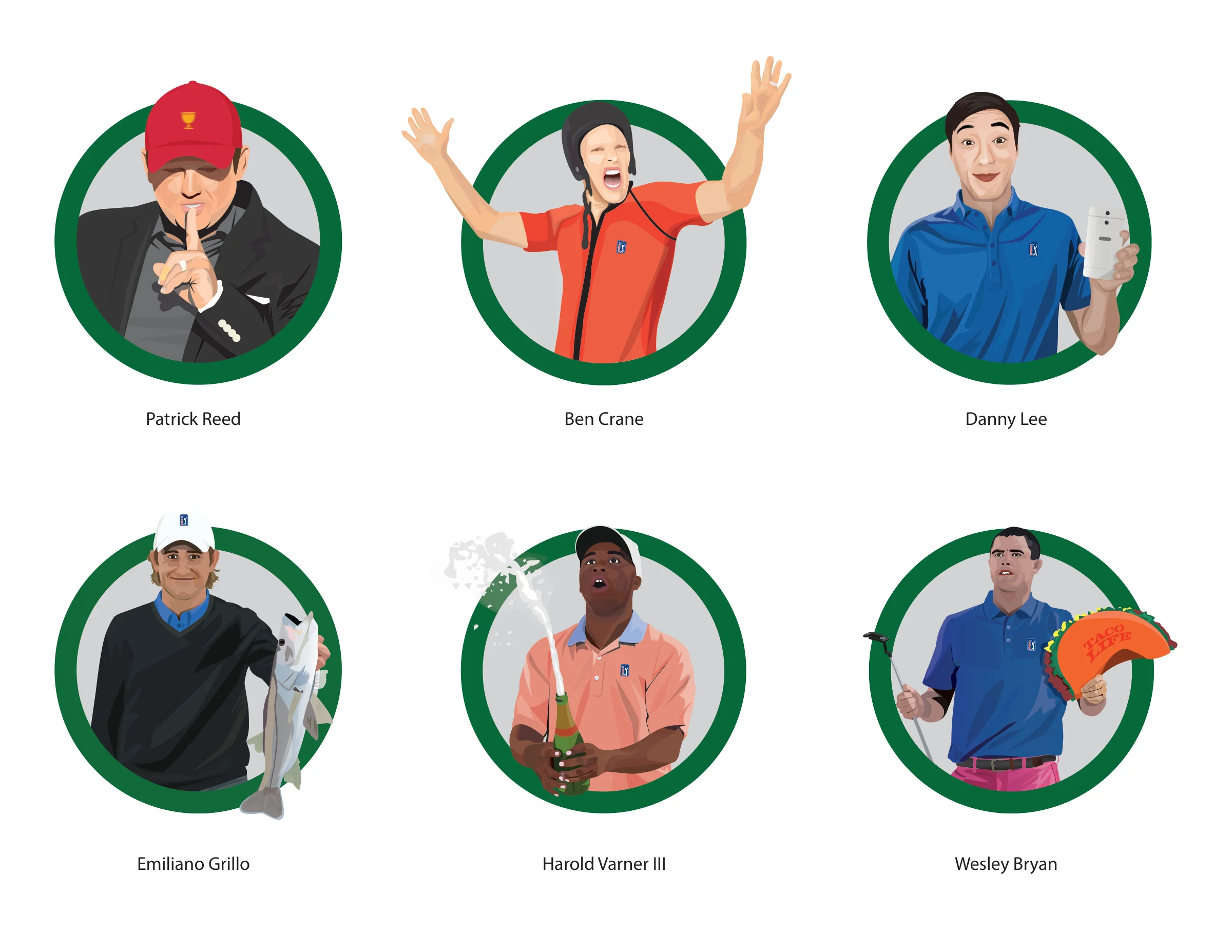Six PGA TOUR player stickers in green roundels: Patrick Reed, Ben Crane, Danny Lee, Emiliano Grillo, Harold Varner III and Wesley Bryan