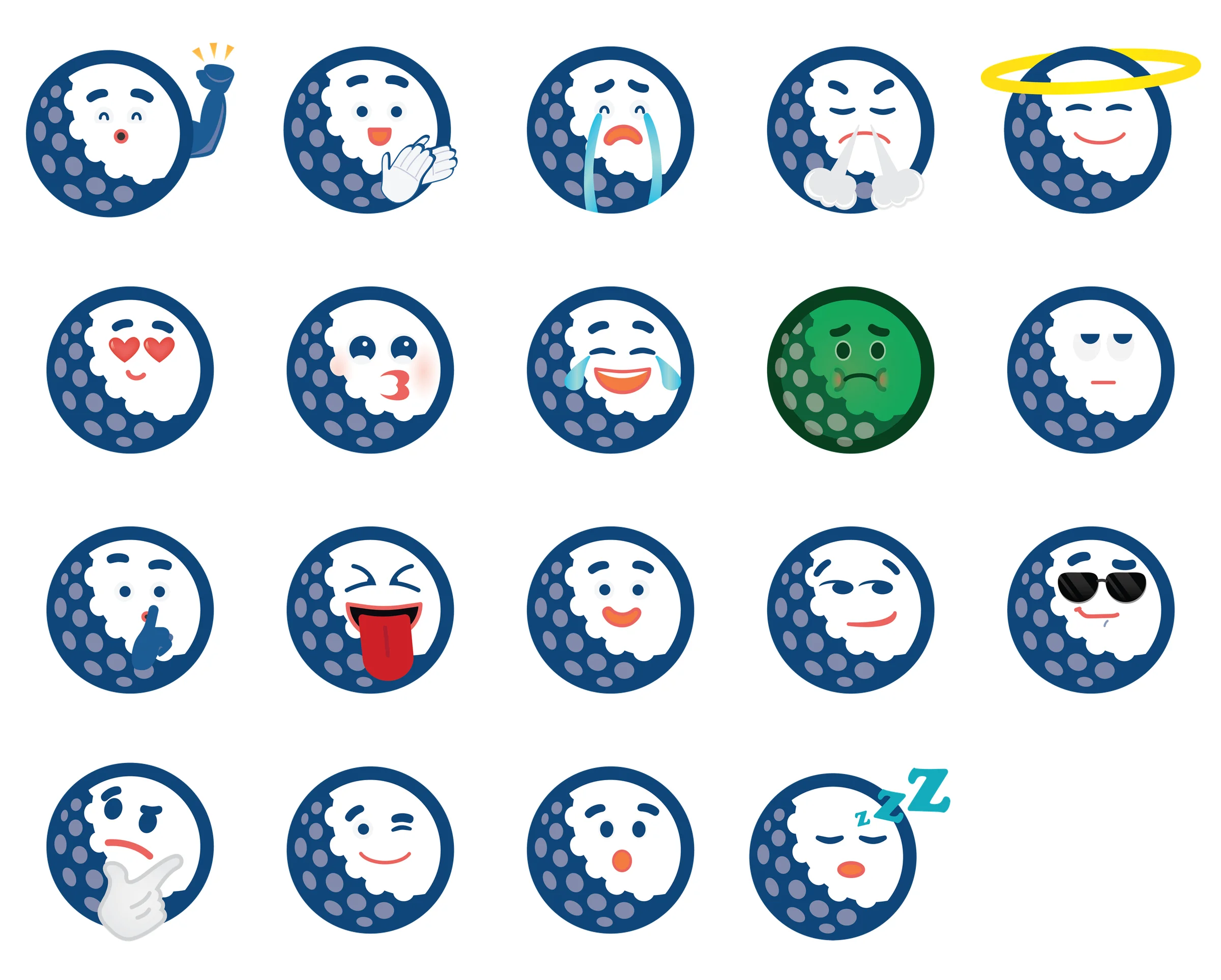Nineteen golf-ball emoji in navy roundels with expressions from heart eyes to a sleepy zzz