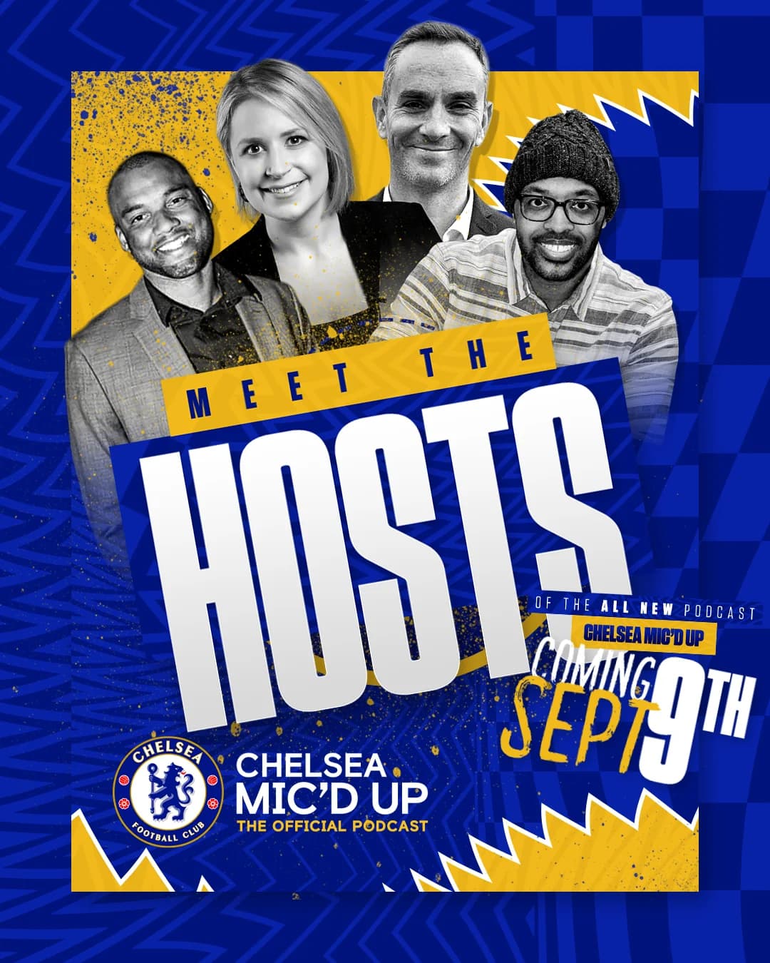 Meet the Hosts card: four hosts grouped over a yellow burst with HOSTS in heavy condensed type