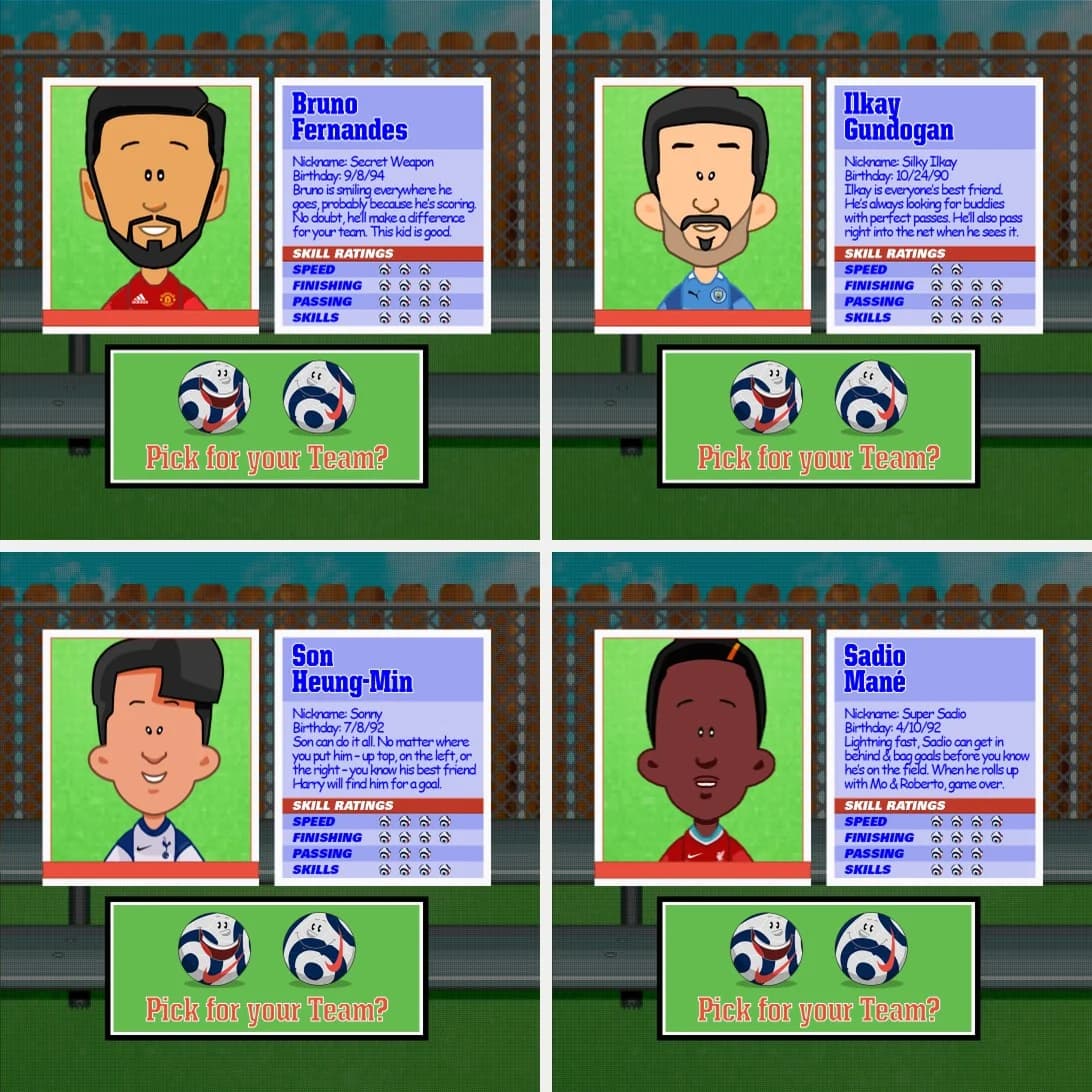 Four baseball-card layouts for Bruno Fernandes, Ilkay Gundogan, Son Heung-Min and Sadio Mane, each with a nickname, scouting note, skill ratings and a Pick for your Team prompt
