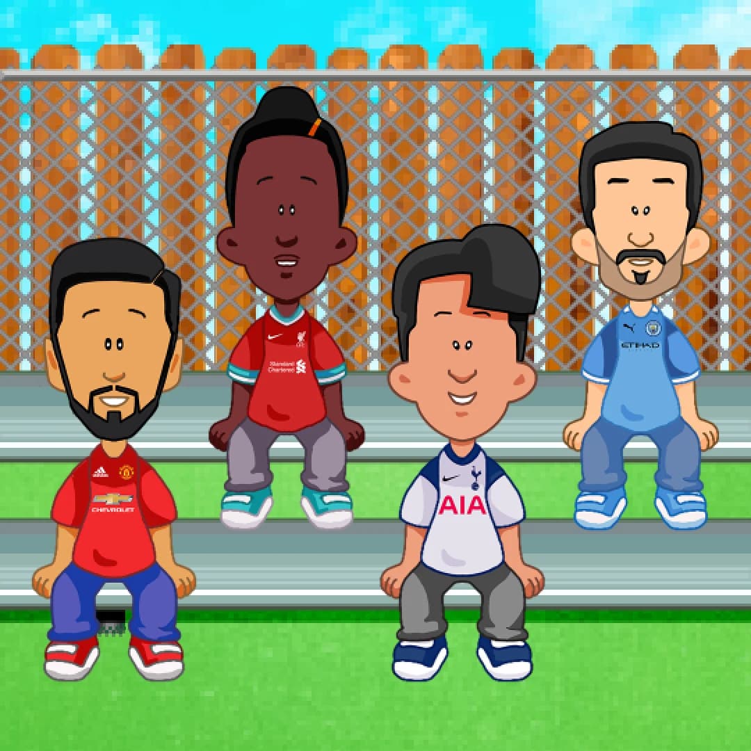 Premier League in USA x MLB Opening Day graphic: four illustrated Premier League players on a ballpark bench
