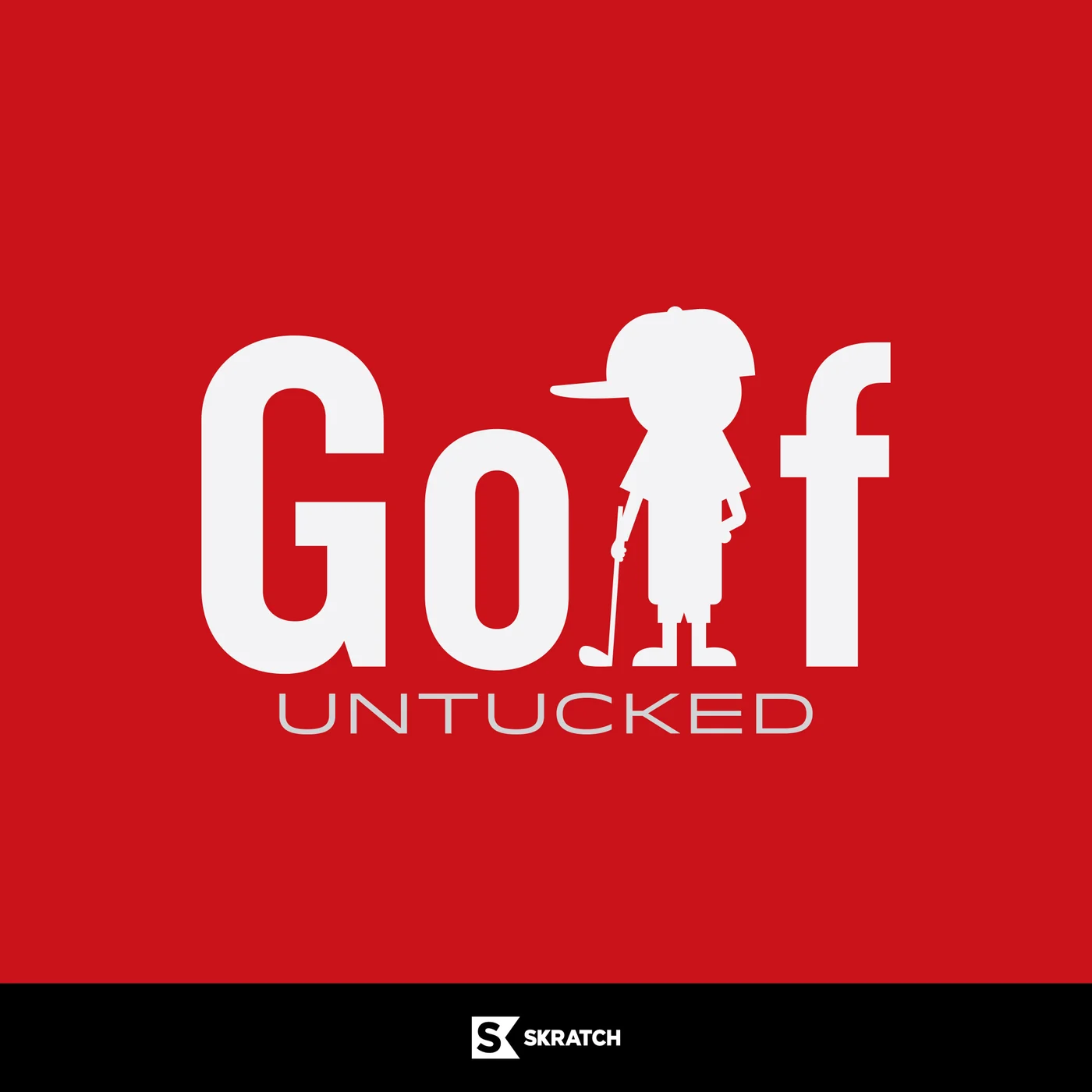 Golf Untucked: white Golf type with a kid golfer silhouette as the L, on red