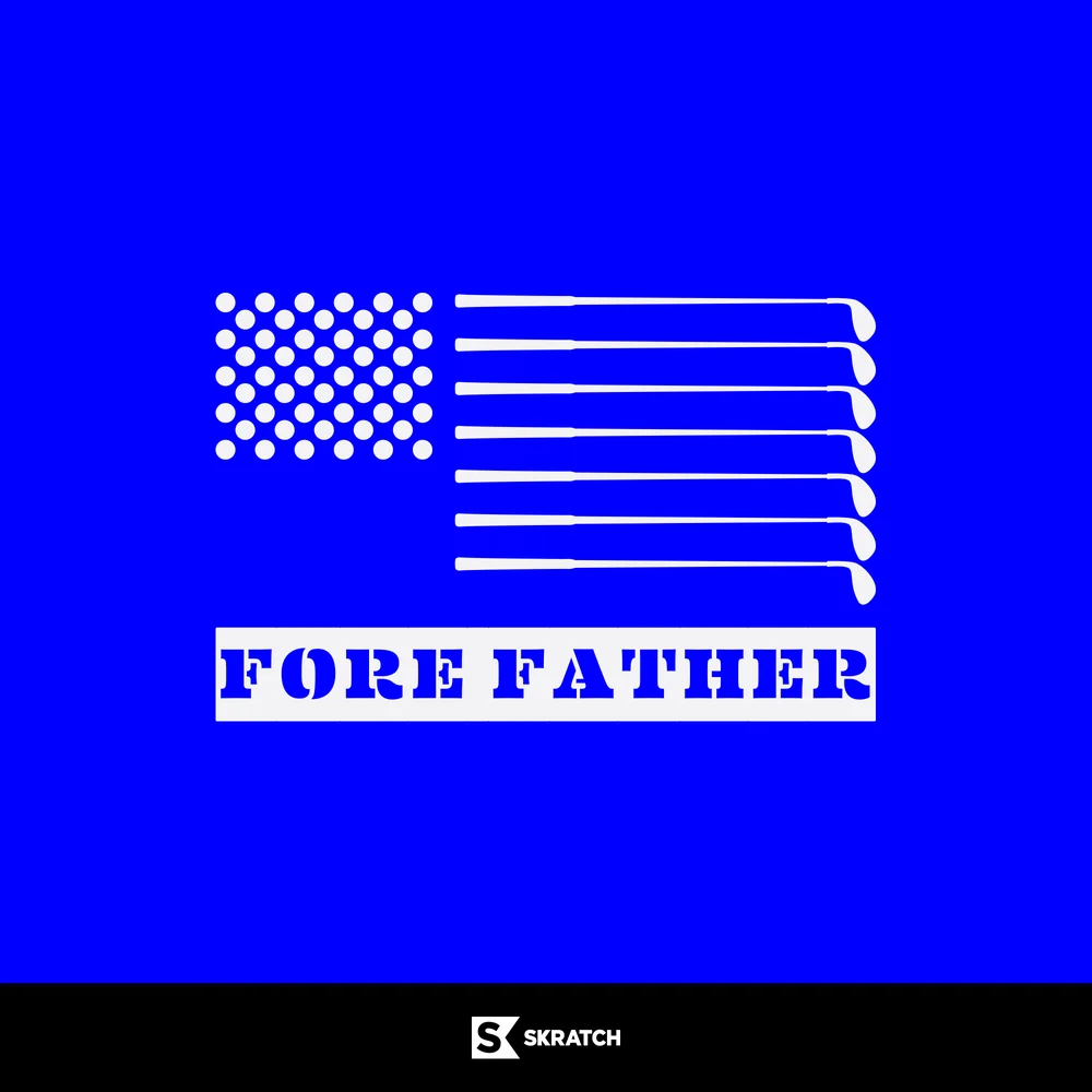 Fore Father: an American flag made of golf irons above a stencil Fore Father bar, on blue