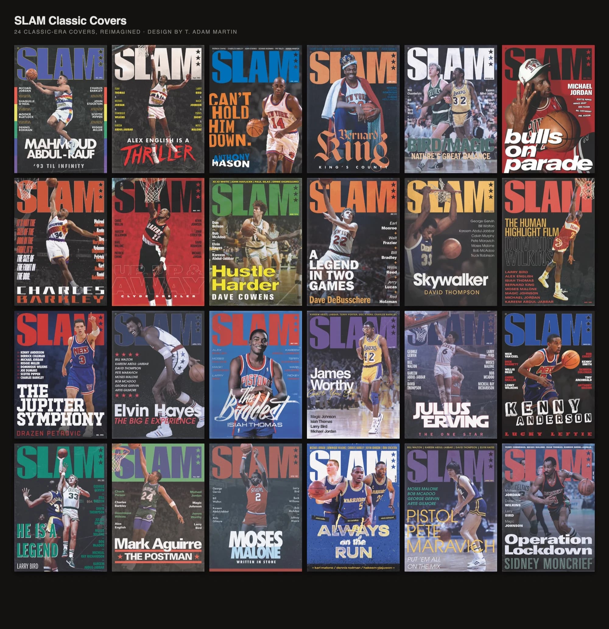 A wall of 24 old-school SLAM covers: Bird and Magic, Jordan, Barkley, Dr. J, Isiah Thomas and more