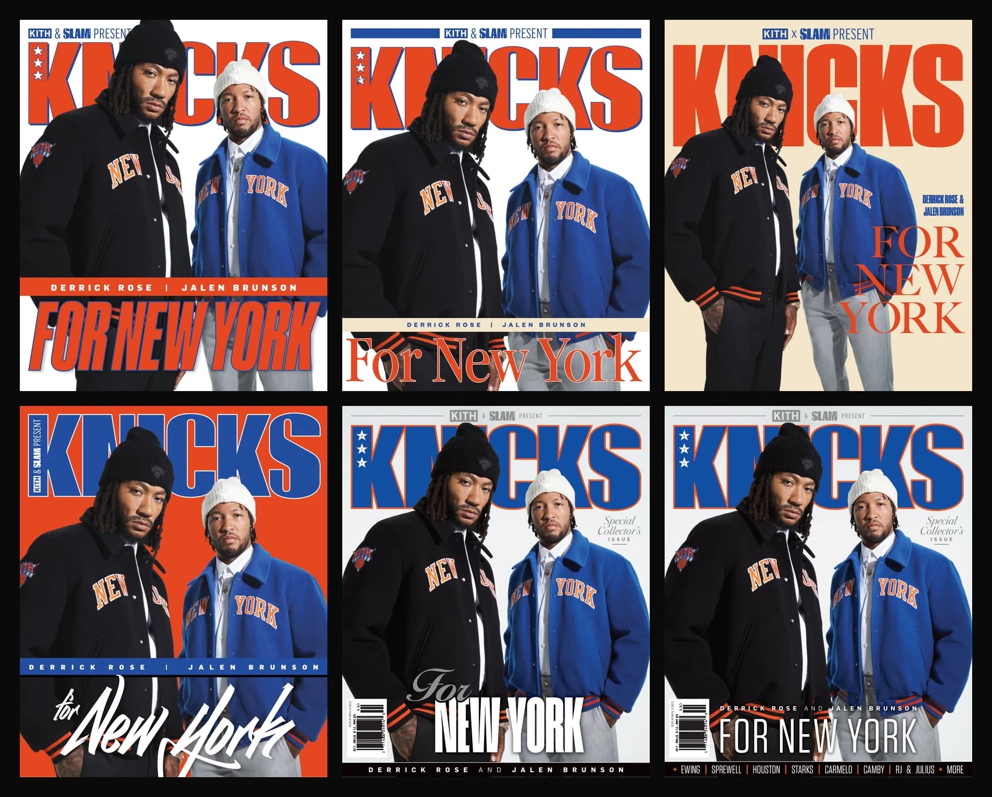 Six cover directions for SLAM & Kith Present: Knicks, Derrick Rose and Jalen Brunson in Kith varsity jackets under orange and blue KNICKS mastheads