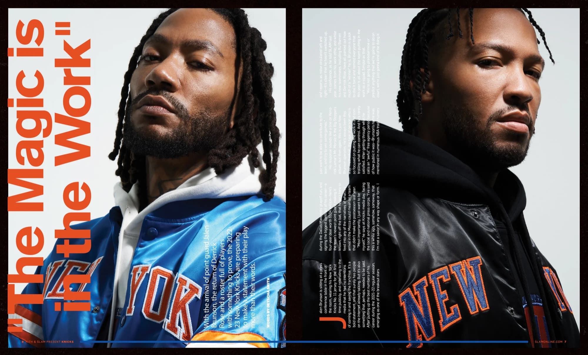 Cover story spread with Derrick Rose and Jalen Brunson portraits and the headline The Magic is in the Work