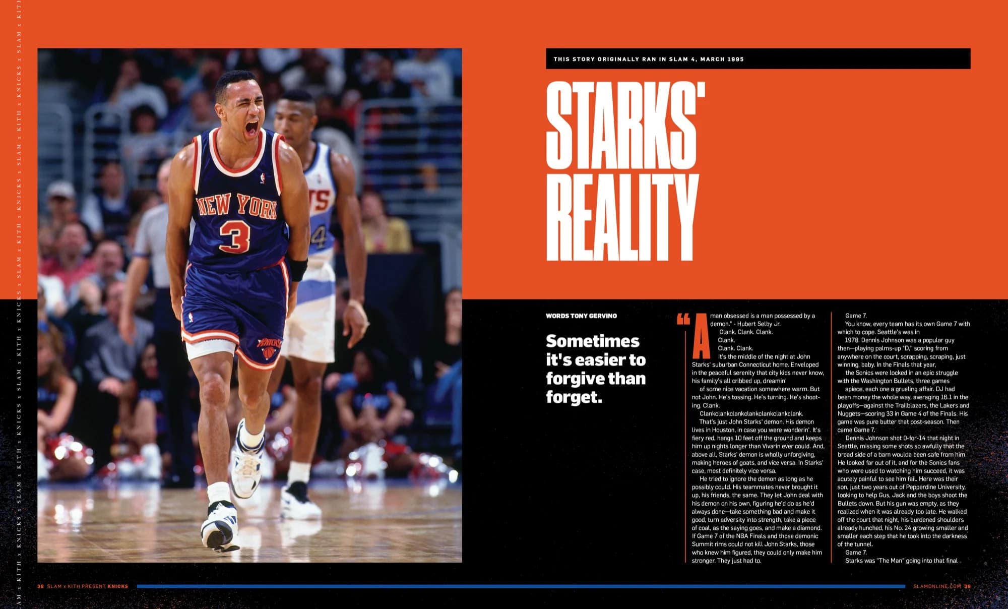Reprint of the John Starks feature from SLAM 4 with orange and black Knicks treatment