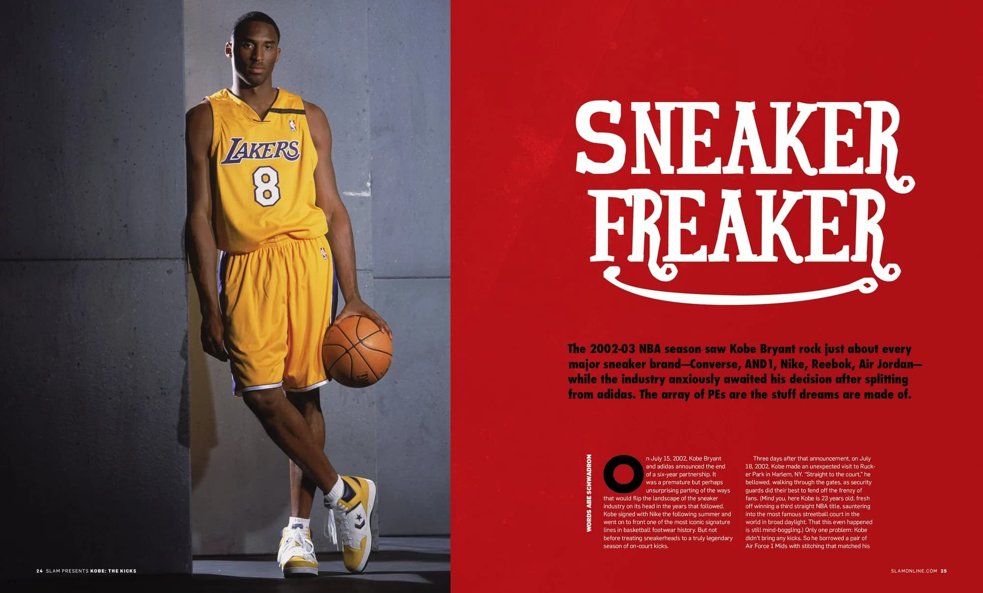 Spread styled as a Sneaker Freaker magazine cover with Kobe in Lakers gold