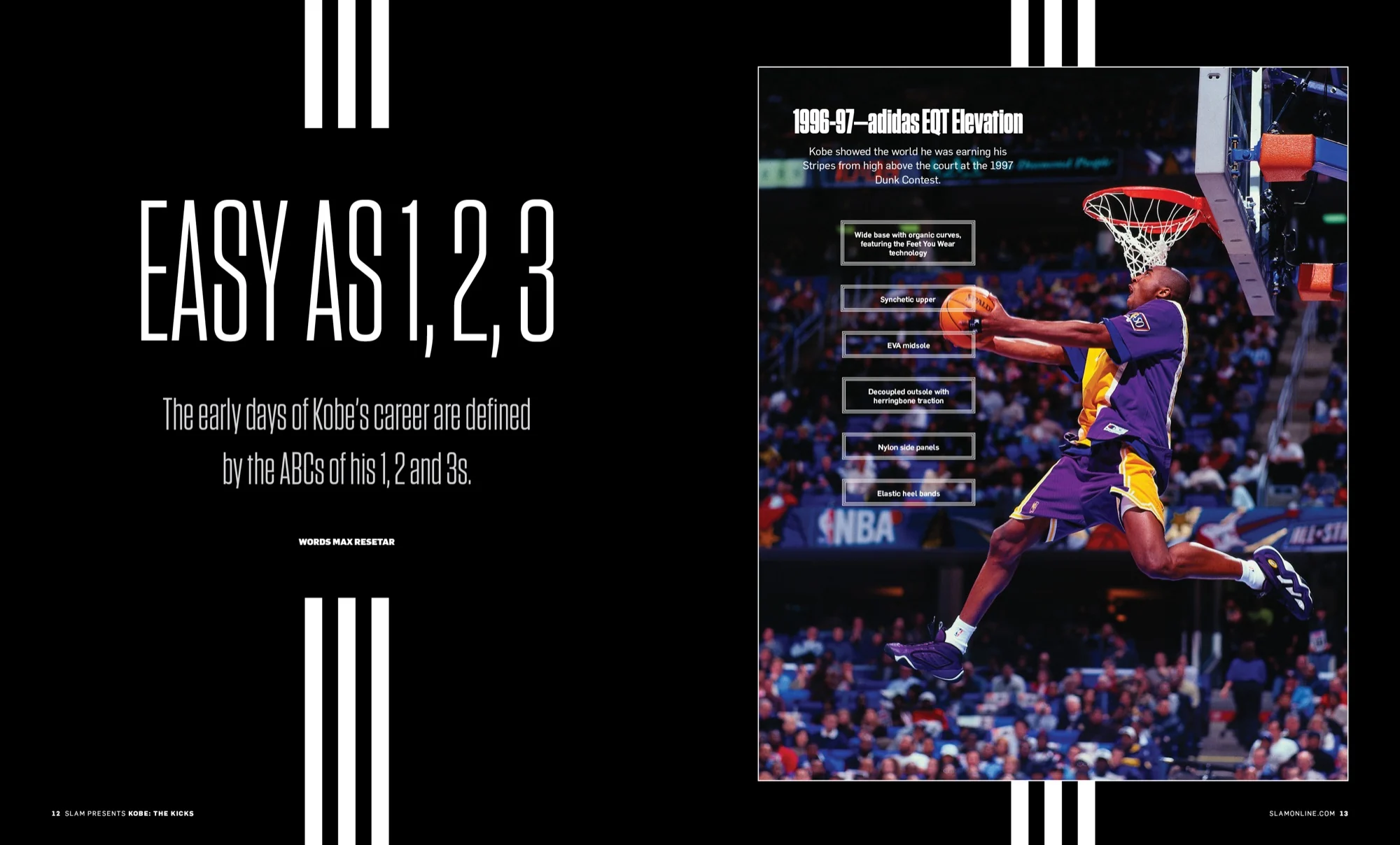 Spread titled Easy as 1, 2, 3 with Kobe dunking in the 1997 dunk contest beside adidas three-stripe graphics