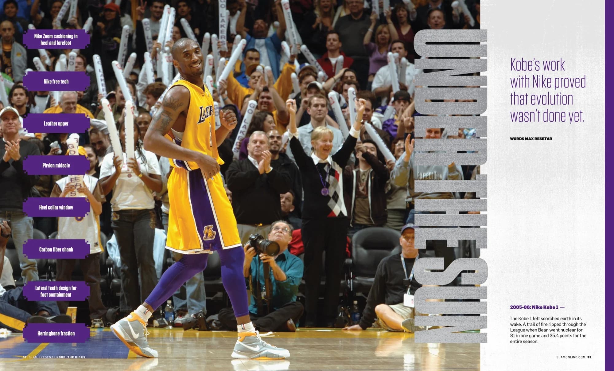 Spread titled Under the Sun with Kobe walking off court in Lakers gold, vertical headline over the crowd