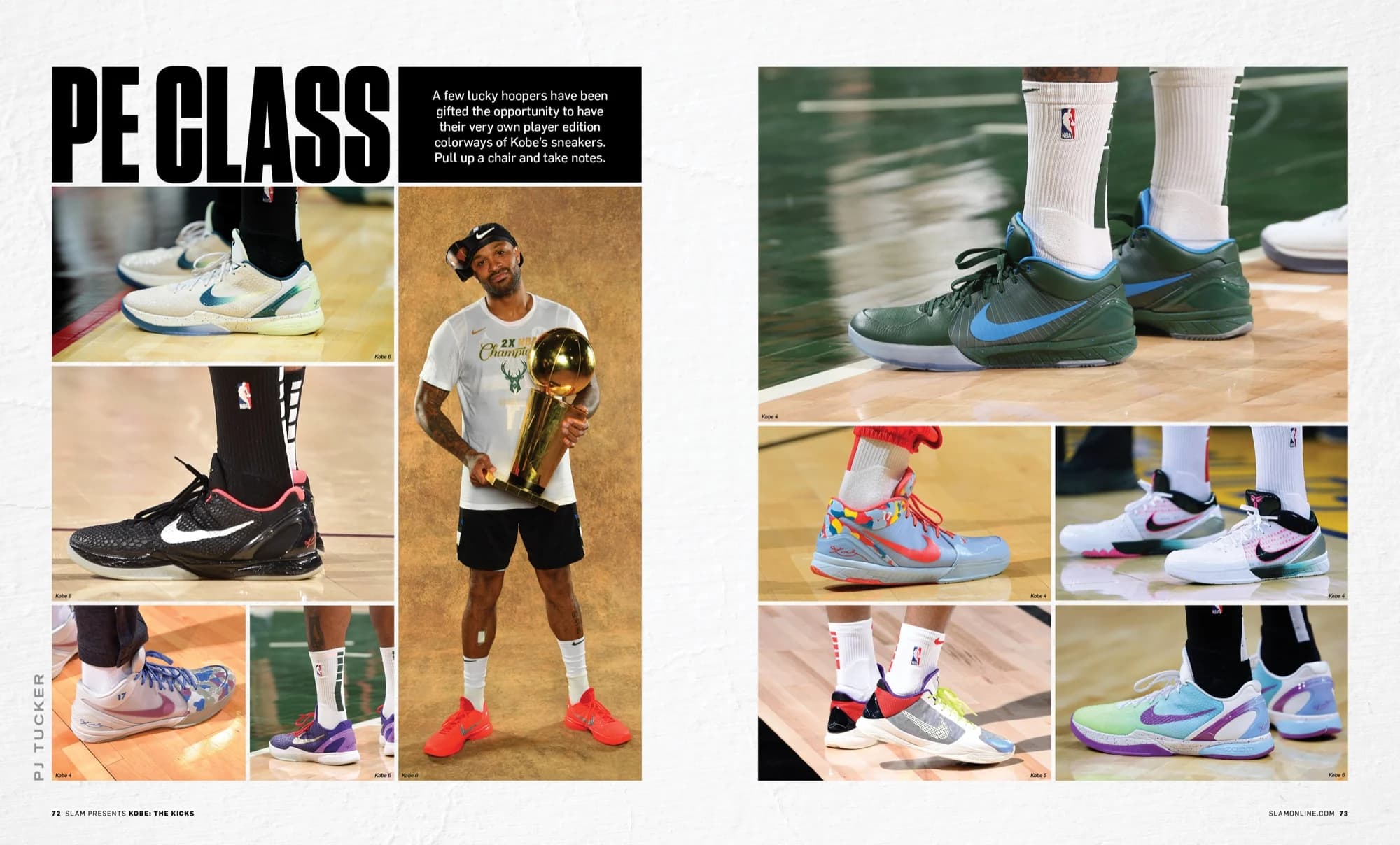 Spread titled PE Class showing a grid of player edition Kobe sneakers photographed on court