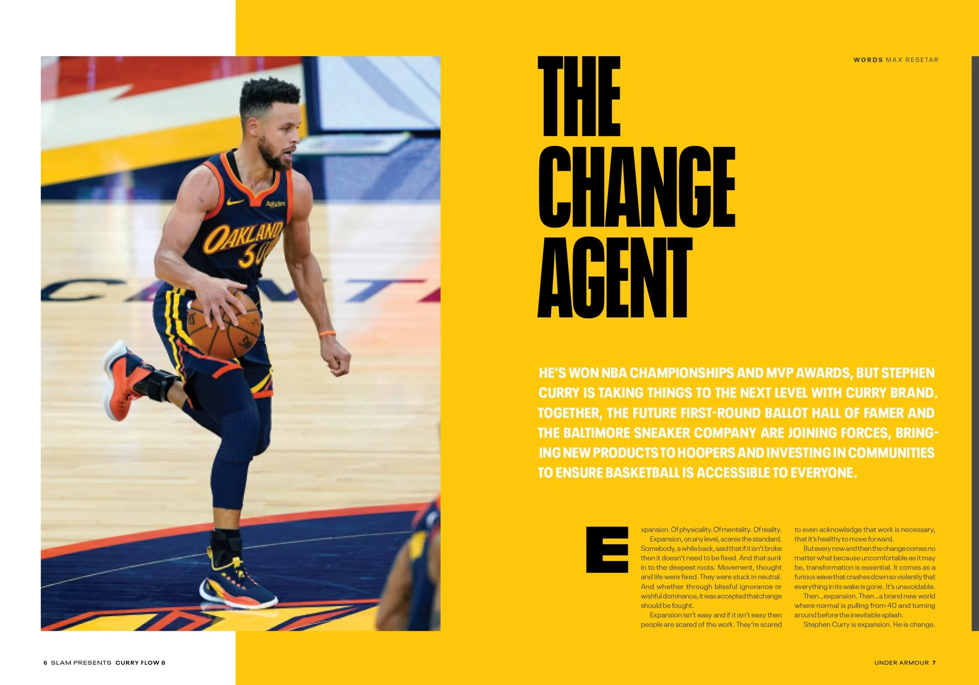The Change Agent spread with Stephen Curry photo and bold black headline on gold